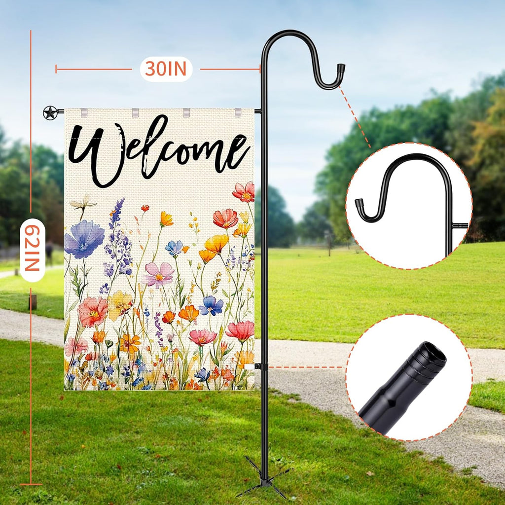 Garden Flag Stand for Outdoor,Heavy Duty Garden Flag Holder for 28x40 Flags, 62 Inches Gaden Flag Pole with Shepherd Hooks for Patio and Yard Decorations