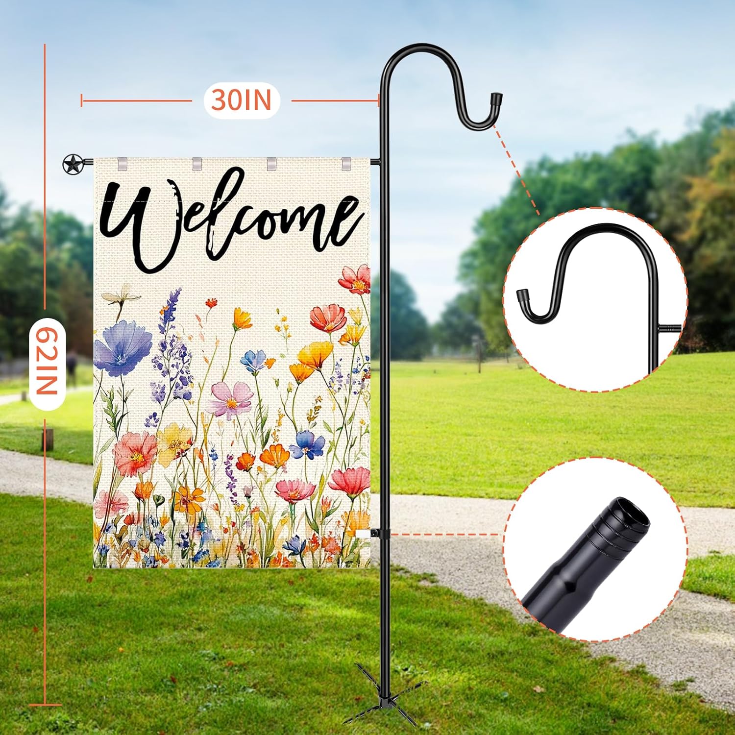Garden Flag Stand for Outdoor,Heavy Duty Garden Flag Holder for 28x40 Flags, 62 Inches Gaden Flag Pole with Shepherd Hooks for Patio and Yard Decorations