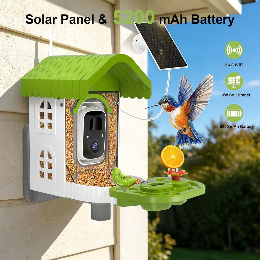 NEEZUKAR Smart Bird Feeder with Camera Solar Powered, AI Identify Birds Species, 2K HD Video, Real-Time Bird Alert, Wireless & Weatherproof Design for Outdoor, Gift for Father's Day(Green)