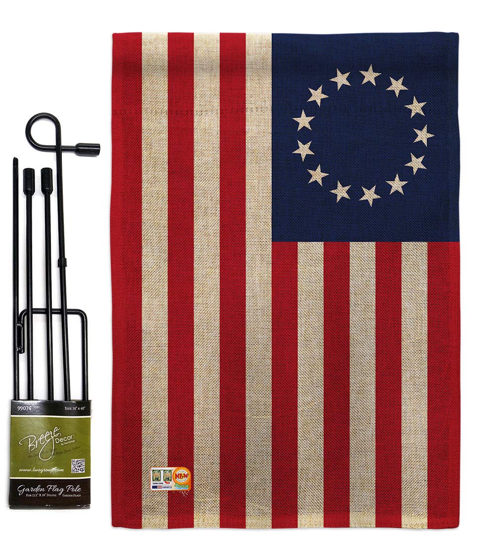Betsy Ross Burlap Garden Flag Set Wood Dowel Americana US Historic July Memorial Veteran Independence United State American Small Decorative Gift Yard House Banner Double-Sided Made In USA 13 X 18.5