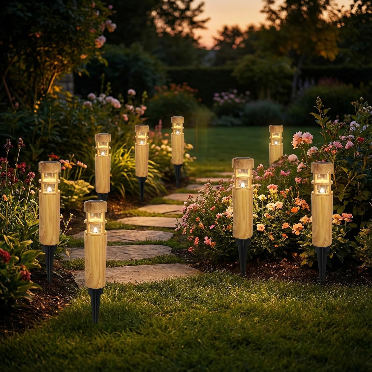 Solar Pathway Lights, 8 Pack LED Solar Lights Outdoor Waterproof, Wood-grain Color Style, Warm Yellow Light Auto On/Off, Solar Pathway Lights for Your Garden, Landscape, Path, Yard, Walkway Decor