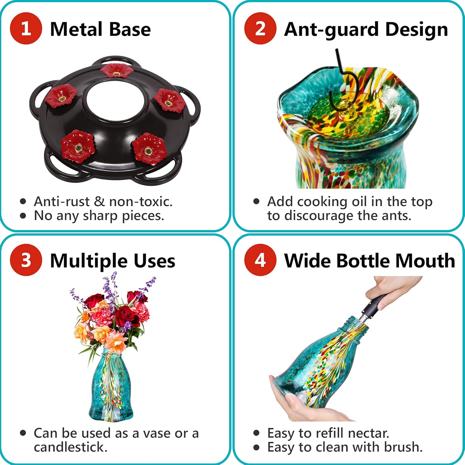 LUJII Hummingbird Feeders for Outdoors with Ant Guard, Blown Glass Hummingbird Feeder for Outside Hanging, 25 fl.oz, Never Leak, Unfading & Anti-Rust, Flower Vase, Garden Backyard Patio Decor, Blue