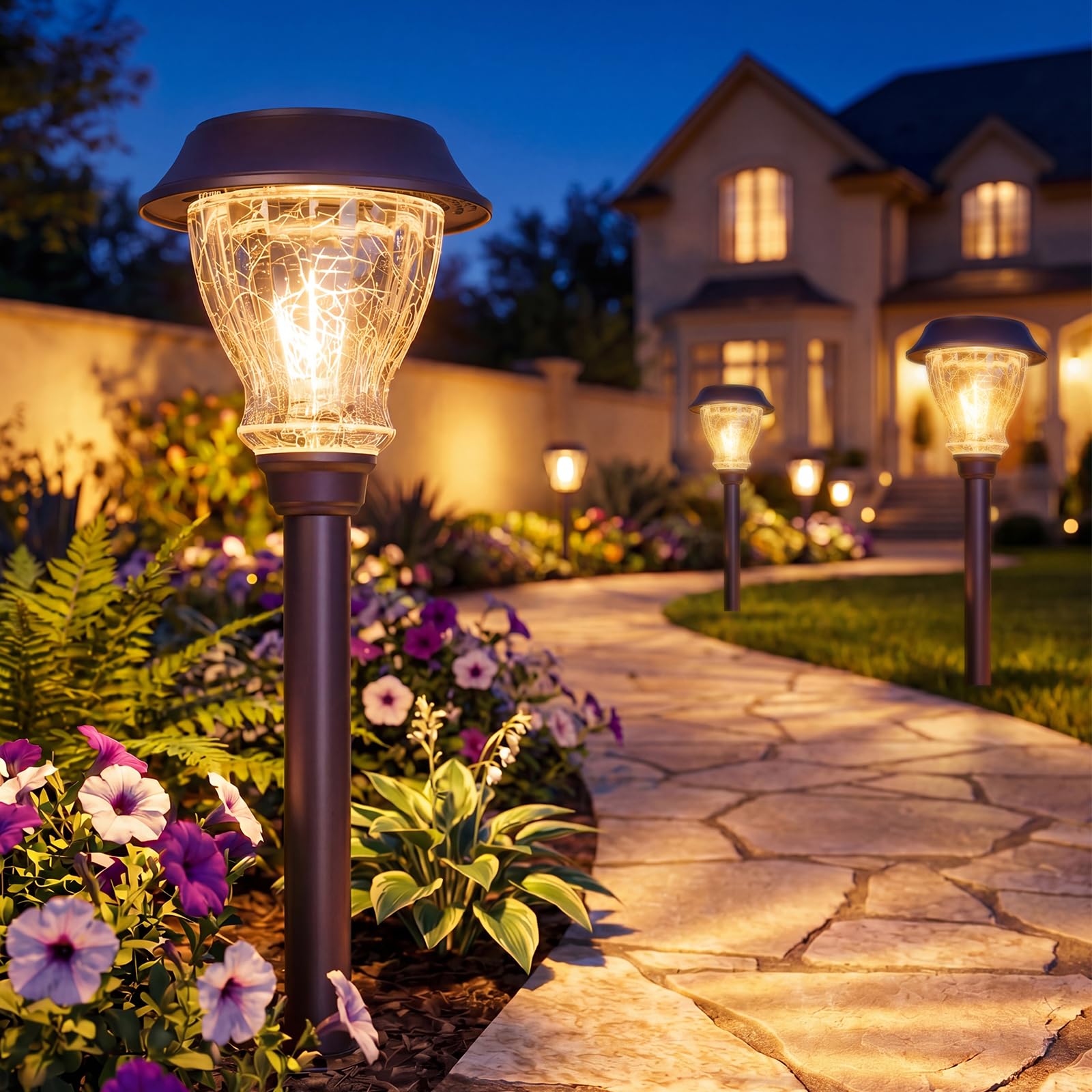 XMCOSY+ Solar Pathway Lights Outdoor, 6 Pack Decorative Crackled Glass Garden Lights, Soft Warm White Glow, Auto On/Off LED Waterproof Landscape Lighting for Yard Walkway Patio
