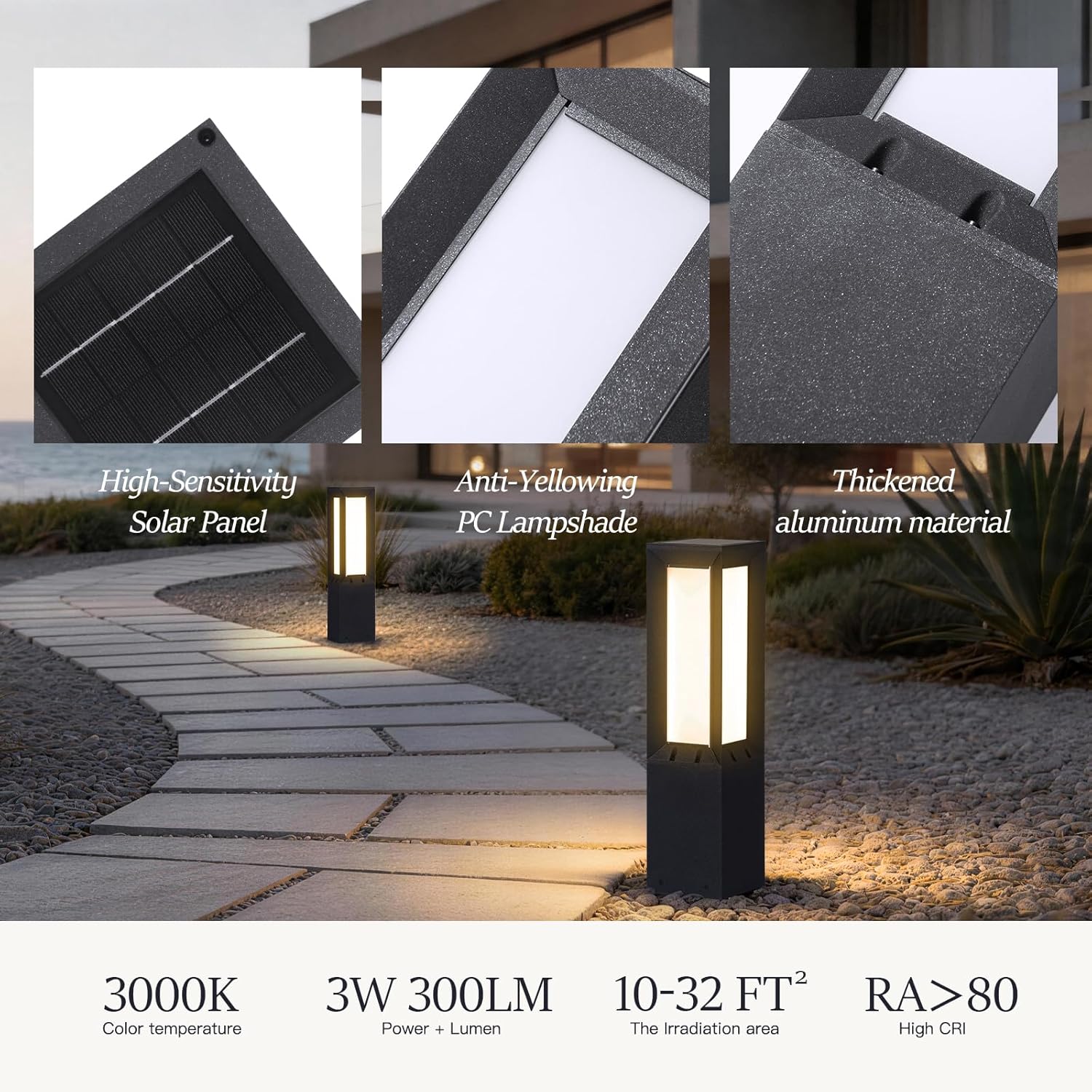 Modern Solar Pathway Lights Outdoor IP65 Waterproof, 23.62" Landscape Path Lights, Modern Commercial Pathway Lighting, 3000K LED Solar Bollard Light for Driveway Entrance Garage Courtyard