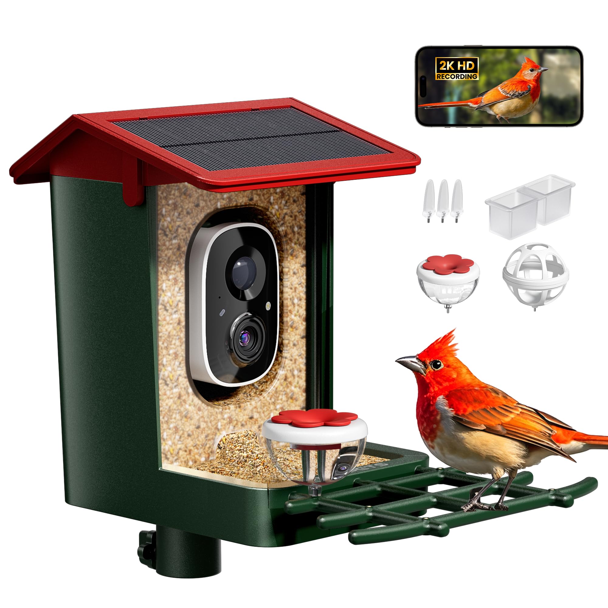 Smart Bird Feeder with Camera Solar Powered, 2K HD Video, AI Bird Species Identification, Instant Arrival Alerts, Weatherproof Design for Effortless Birdwatching, Gift for Fathers Day, Red