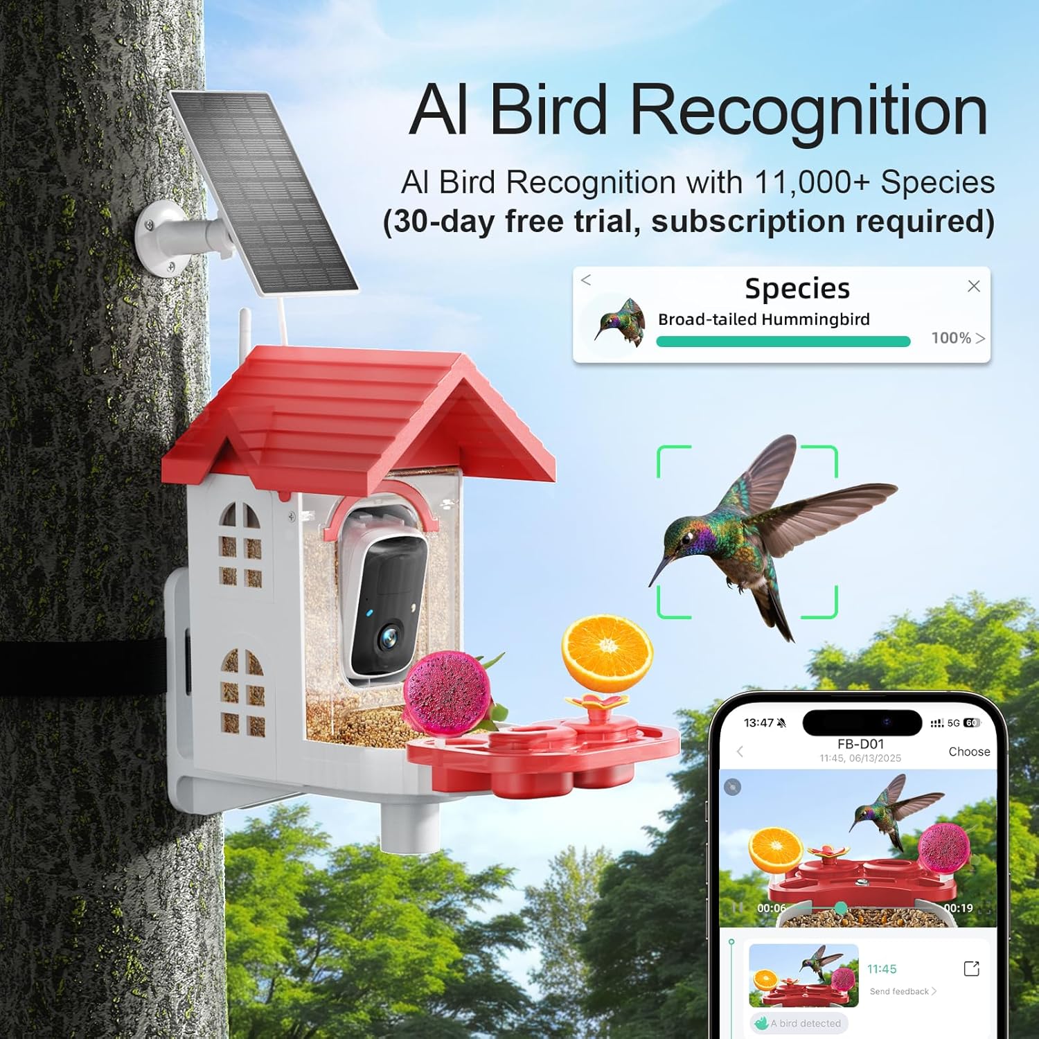SV3C Bird Feeder with Camera, Smart Bird Feeder Camera with AI Identify BirdSpecies, Solar Powered, Instant Alerts, 2K HD Video, Various DIY Addons, 2.4G WiFi, Gift for Mom Dad and Birdlover (Red)