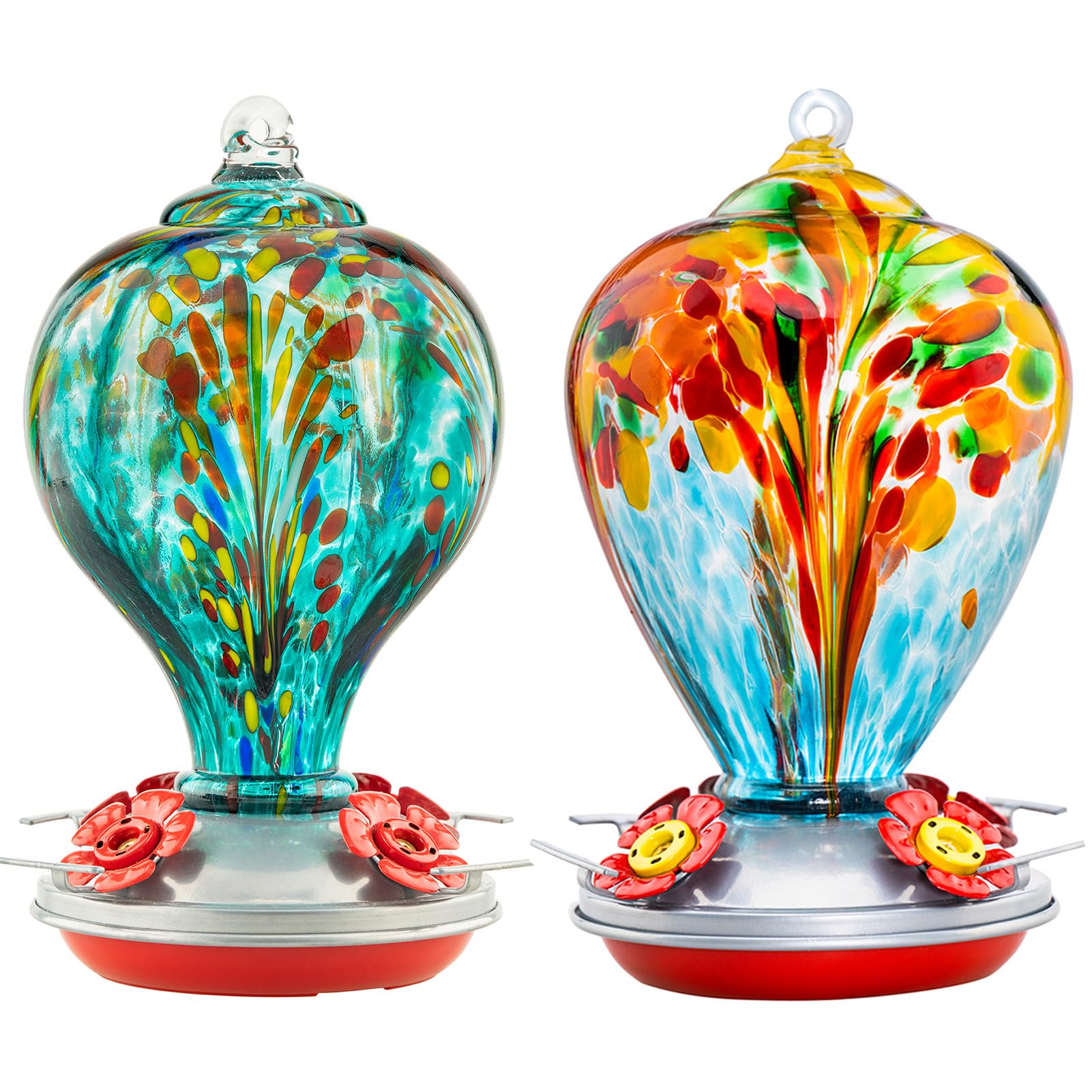 2 Packs Hummingbird Feeder for Outdoors Hanging Ant and Bee Proof, 32OZ & 34OZ, Hand Blown Glass Hummingbird Feeders for Outside, Blue & Teal