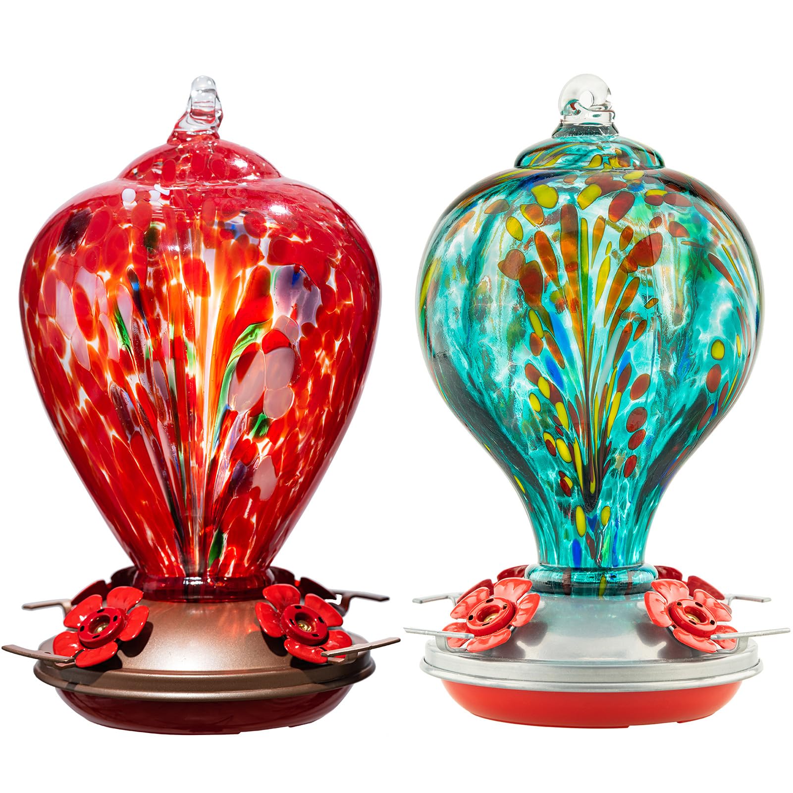 2 Packs Hummingbird Feeder for Outdoors Hanging Ant and Bee Proof, 32OZ & 34OZ, Hand Blown Glass Hummingbird Feeders for Outside, Blue & Teal