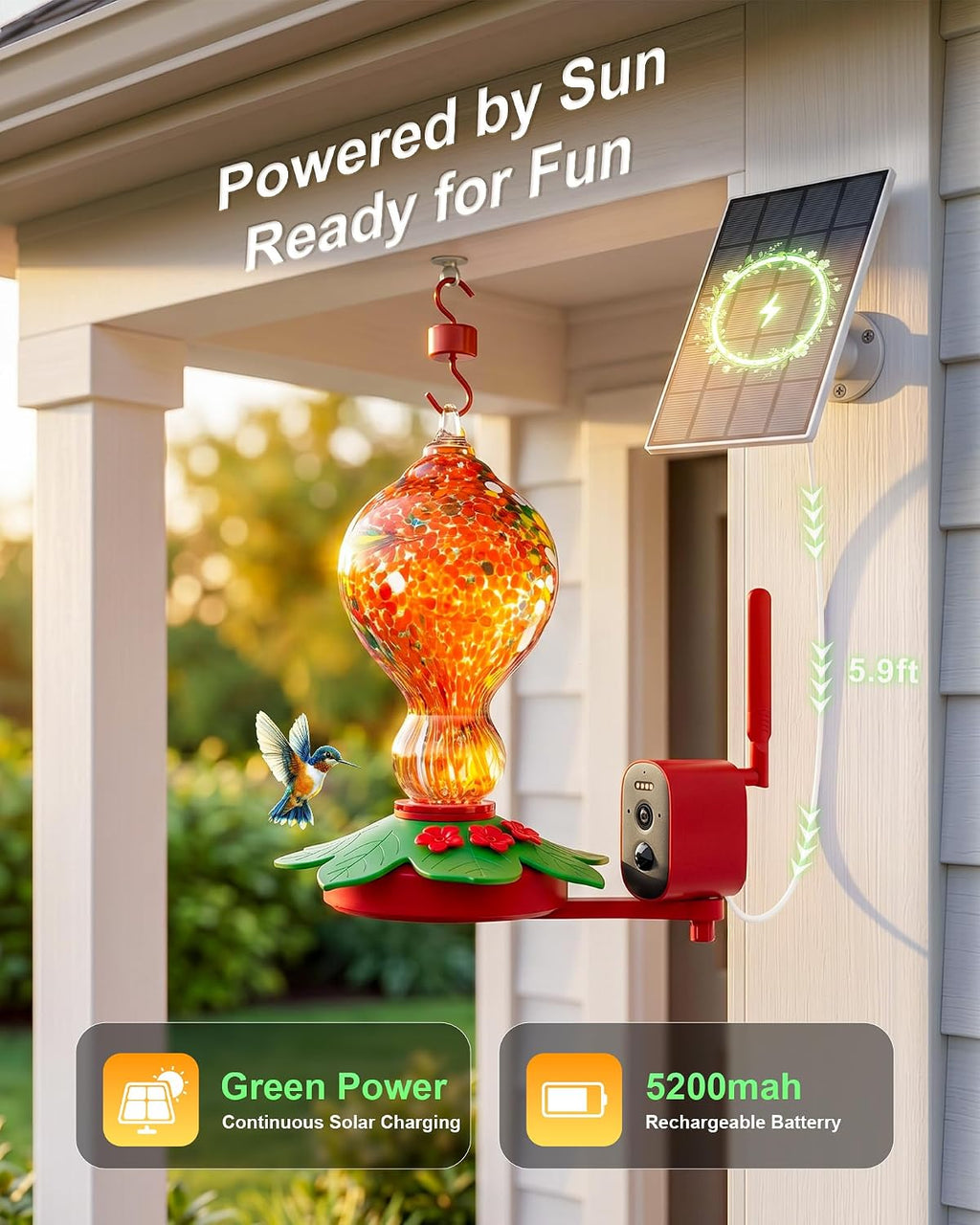 Hummingbird Feeder with Camera – 2.5K 5MP Solar-Powered Glass Bottle Smart Humming Bird Feeder with AI Recognition, Upgraded Leak-Proof & Ant Moat, Instant Alerts, Works with Alexa & Google Assistant