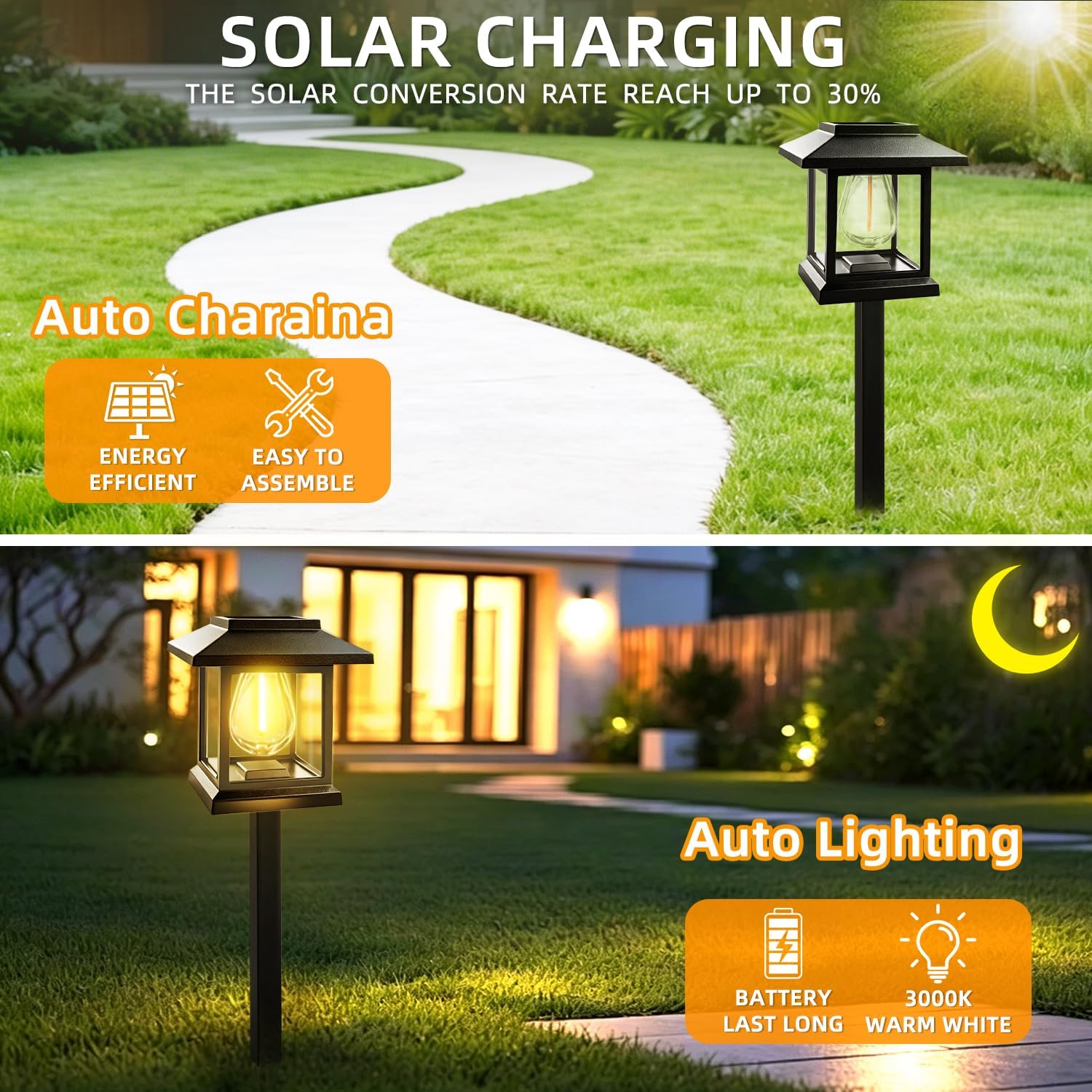 14-Pack Solar Pathway Lights - High-Efficiency Polycrystalline Panels for All-Night Glow - IP65 Waterproof Outdoor Landscape Lighting for Garden, Walkway & Driveway Security (Black)