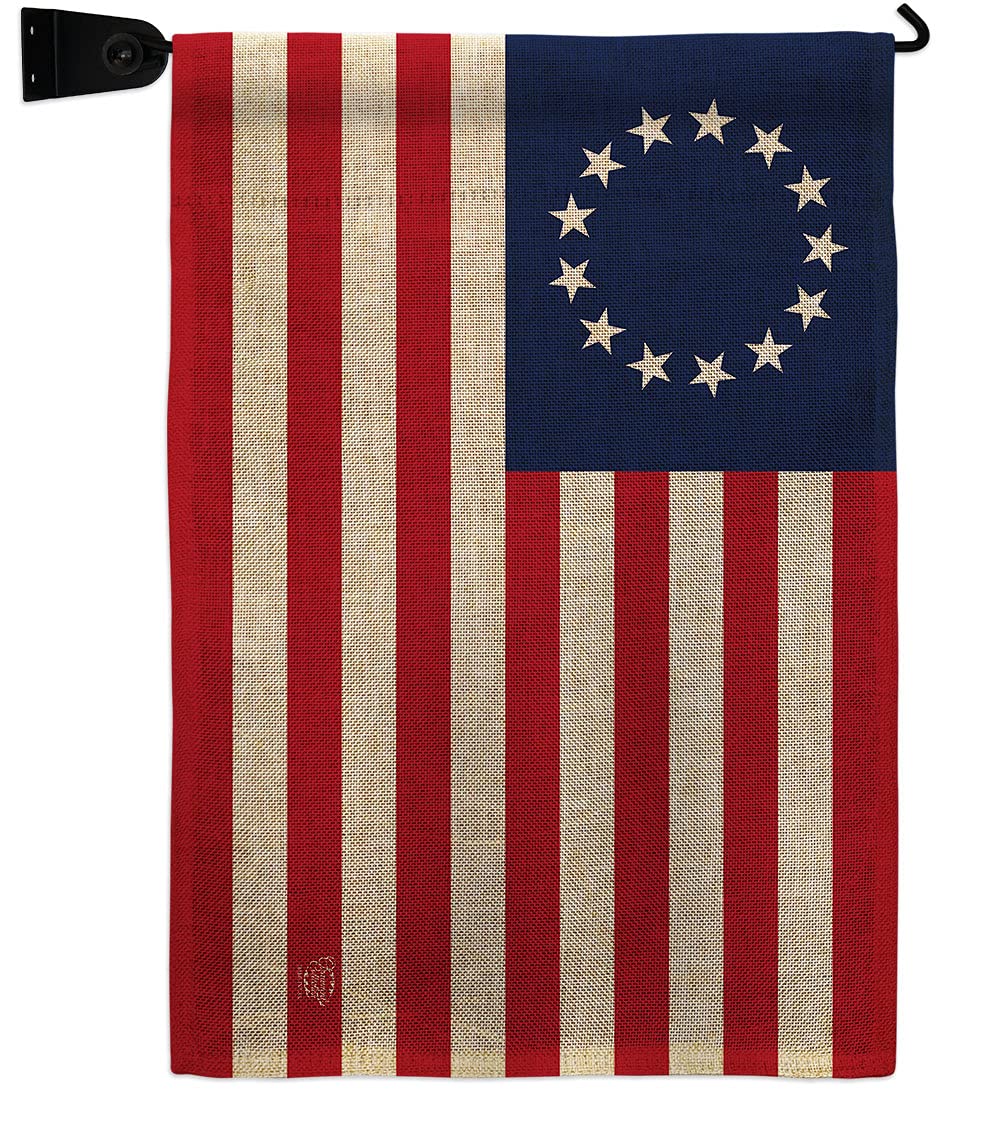 Betsy Ross Burlap Garden Flag Set Wood Dowel Americana US Historic July Memorial Veteran Independence United State American Small Decorative Gift Yard House Banner Double-Sided Made In USA 13 X 18.5