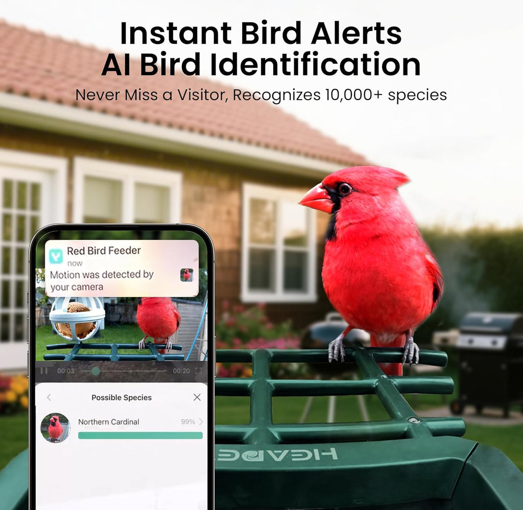 Smart Bird Feeder with Camera Solar Powered, 2K HD Video, AI Bird Species Identification, Instant Arrival Alerts, Weatherproof Design for Effortless Birdwatching, Gift for Fathers Day, Red