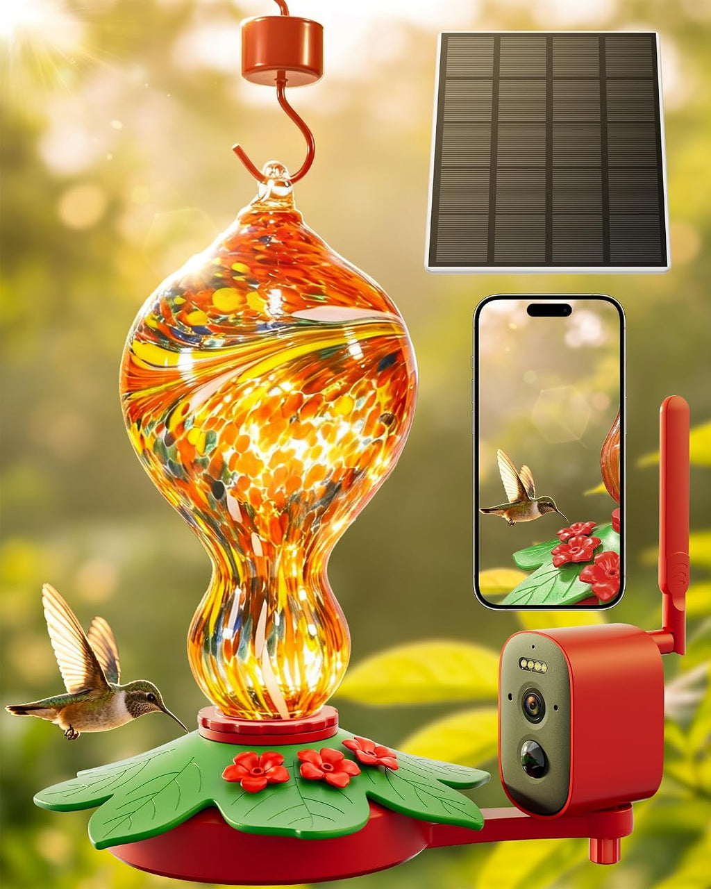 Hummingbird Feeder with Camera – 2.5K 5MP Solar-Powered Glass Bottle Smart Humming Bird Feeder with AI Recognition, Upgraded Leak-Proof & Ant Moat, Instant Alerts, Works with Alexa & Google Assistant
