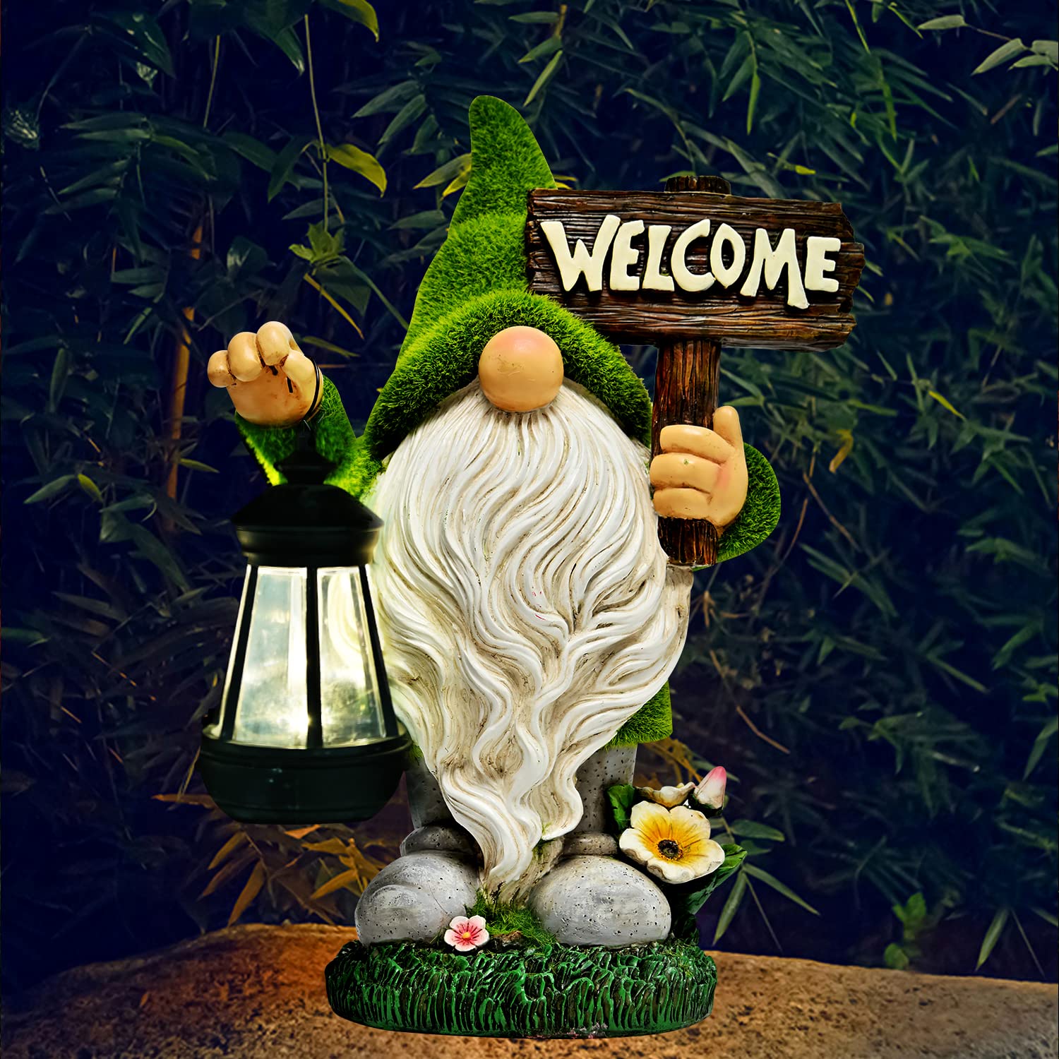 10.8" Solar LED Garden Gnome Statue with Welcome Sign, Outdoor Yard Lawn Decor