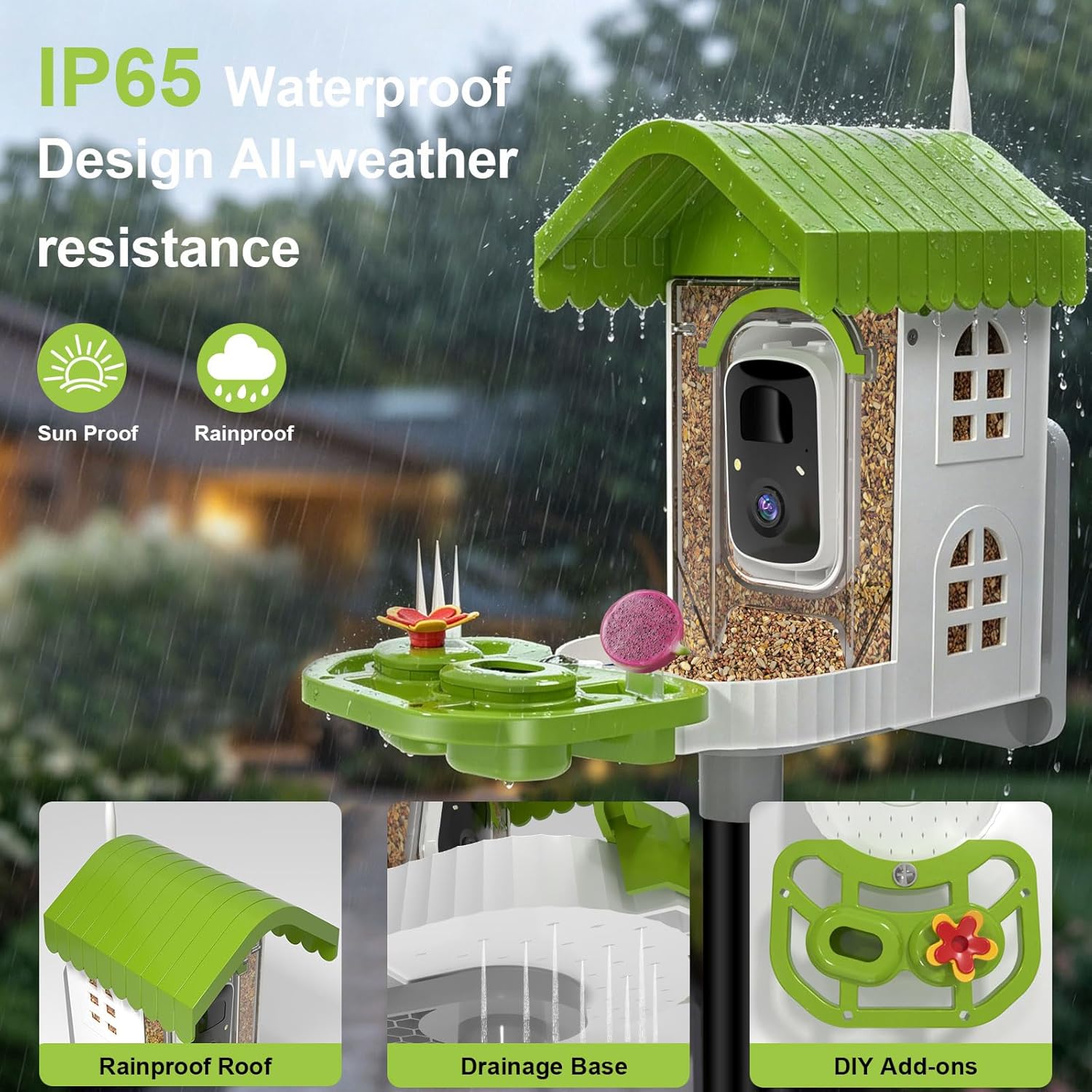 NEEZUKAR Smart Bird Feeder with Camera Solar Powered, AI Identify Birds Species, 2K HD Video, Real-Time Bird Alert, Wireless & Weatherproof Design for Outdoor, Gift for Father's Day(Green)