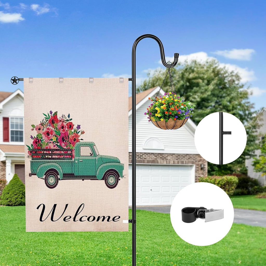 Garden Flag Stand for Outdoor,Heavy Duty Garden Flag Holder for 28x40 Flags, 62 Inches Gaden Flag Pole with Shepherd Hooks for Patio and Yard Decorations