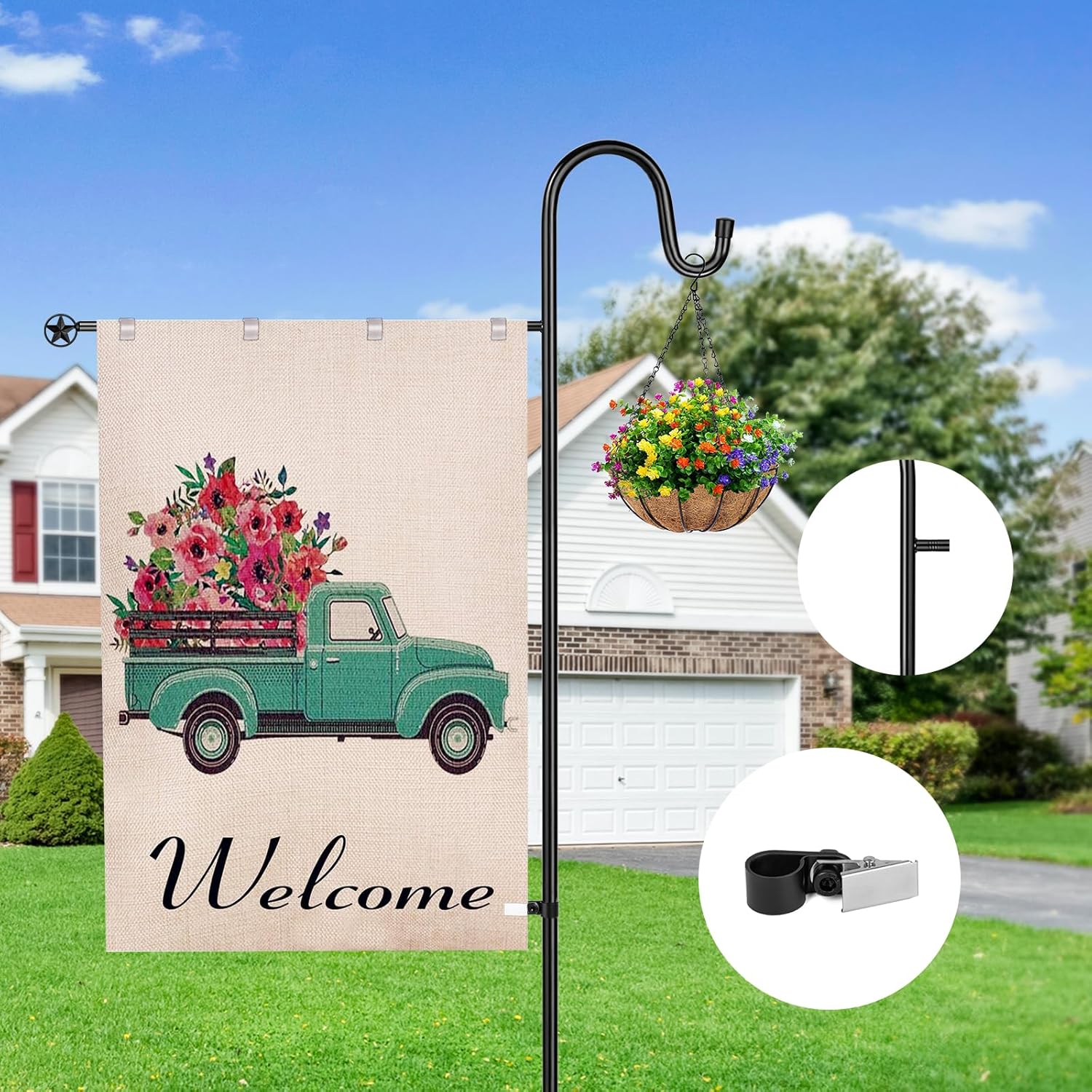 Garden Flag Stand for Outdoor,Heavy Duty Garden Flag Holder for 28x40 Flags, 62 Inches Gaden Flag Pole with Shepherd Hooks for Patio and Yard Decorations