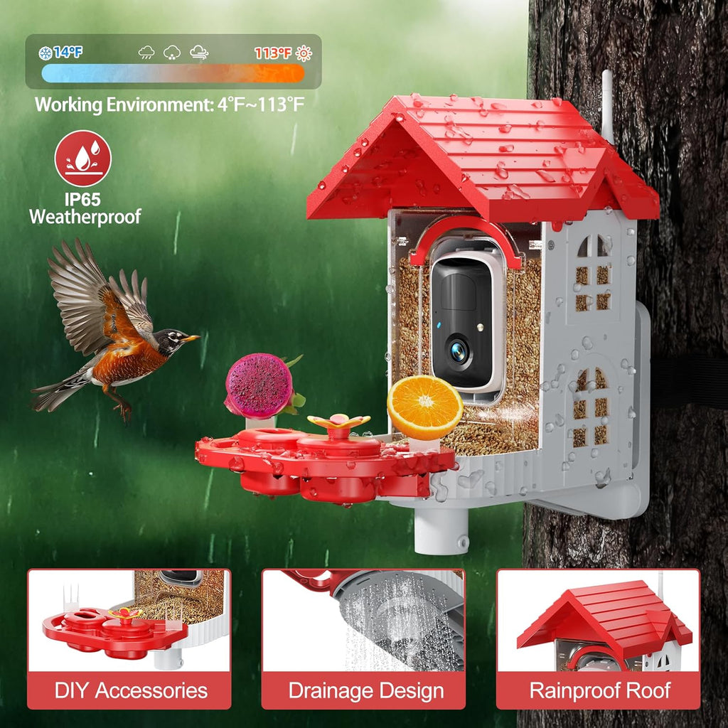 SV3C Bird Feeder with Camera, Smart Bird Feeder Camera with AI Identify BirdSpecies, Solar Powered, Instant Alerts, 2K HD Video, Various DIY Addons, 2.4G WiFi, Gift for Mom Dad and Birdlover (Red)