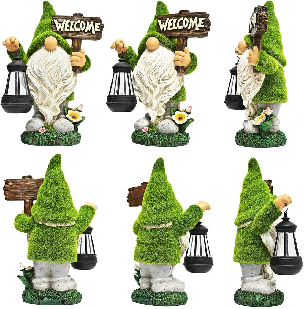 10.8" Solar LED Garden Gnome Statue with Welcome Sign, Outdoor Yard Lawn Decor