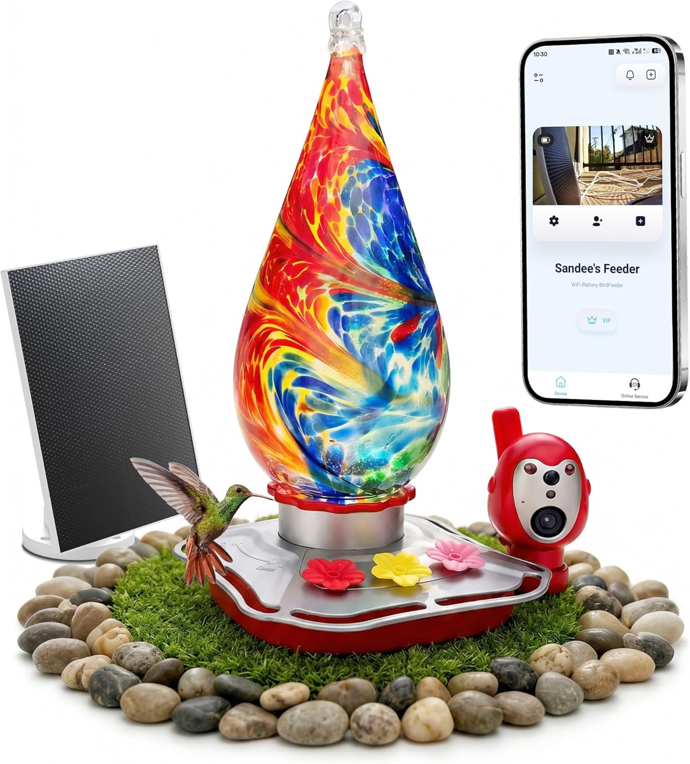 Glass Smart Hummingbird Feeder with Camera - 350+ AI Bird Identification, 2K QHD Video, Solar Powered, Nectar Level & Freshness Alerts, Leakproof Base & Ant Moat, Gift for Bird Lovers