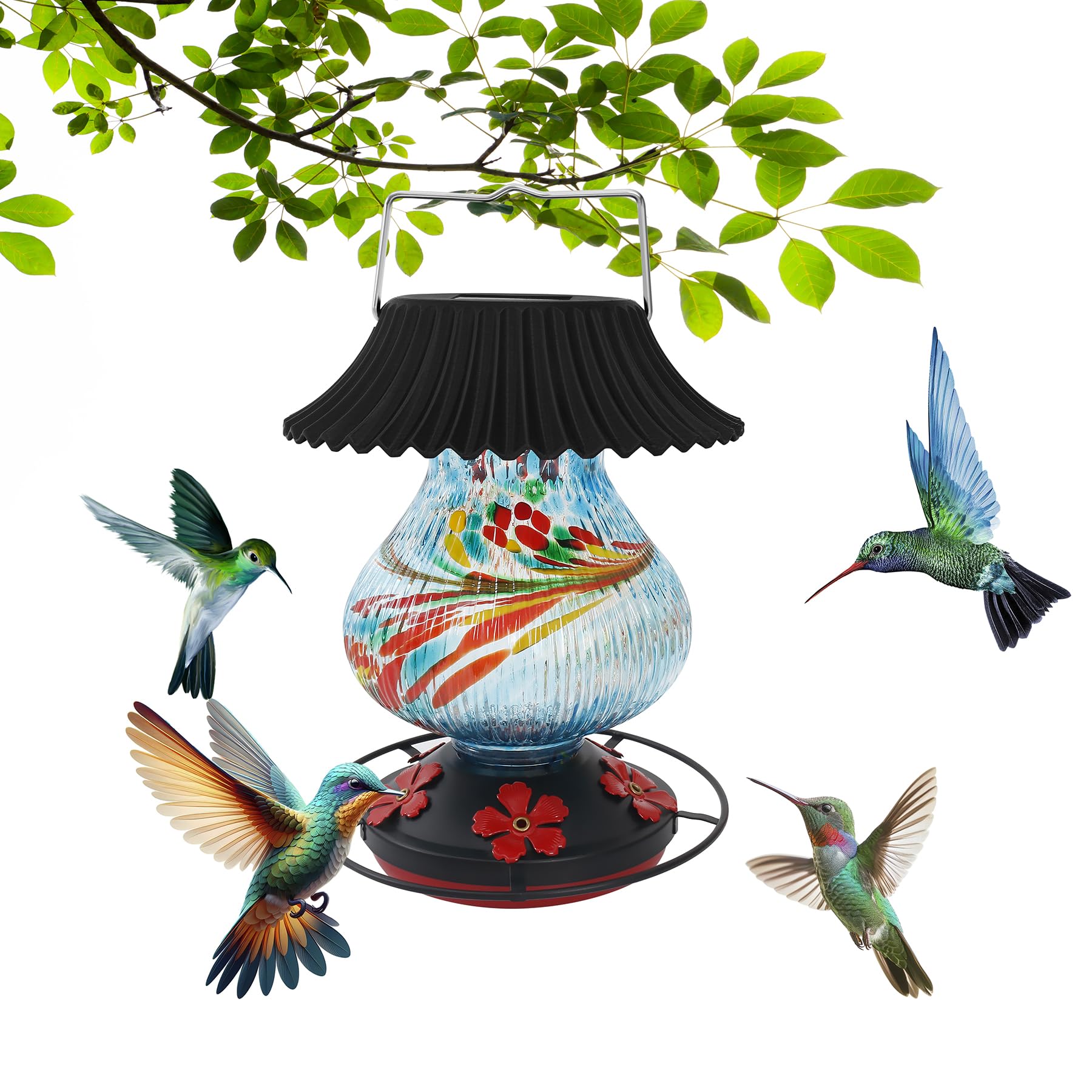 Solar Hummingbird Feeder-5 Feeding Ports with Perch, Hand Blown Glass Red Tree Sea Color Changing-Never Leak, Multicolor Night Lights – Perfect Hummingbird Feeder for Outdoors for Nature Enthusiasts