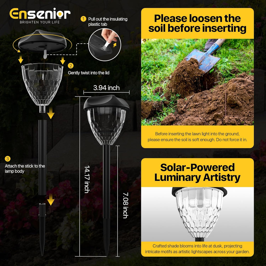 Ensenior Solar Pathway Lights Outdoor - 16-Pack, 6500K LED Landscape Garden Lights, IP65 Waterproof, Tool-Free Auto ON/Off for Garden Yard Patio Walkway Landscape, 14.17" Height