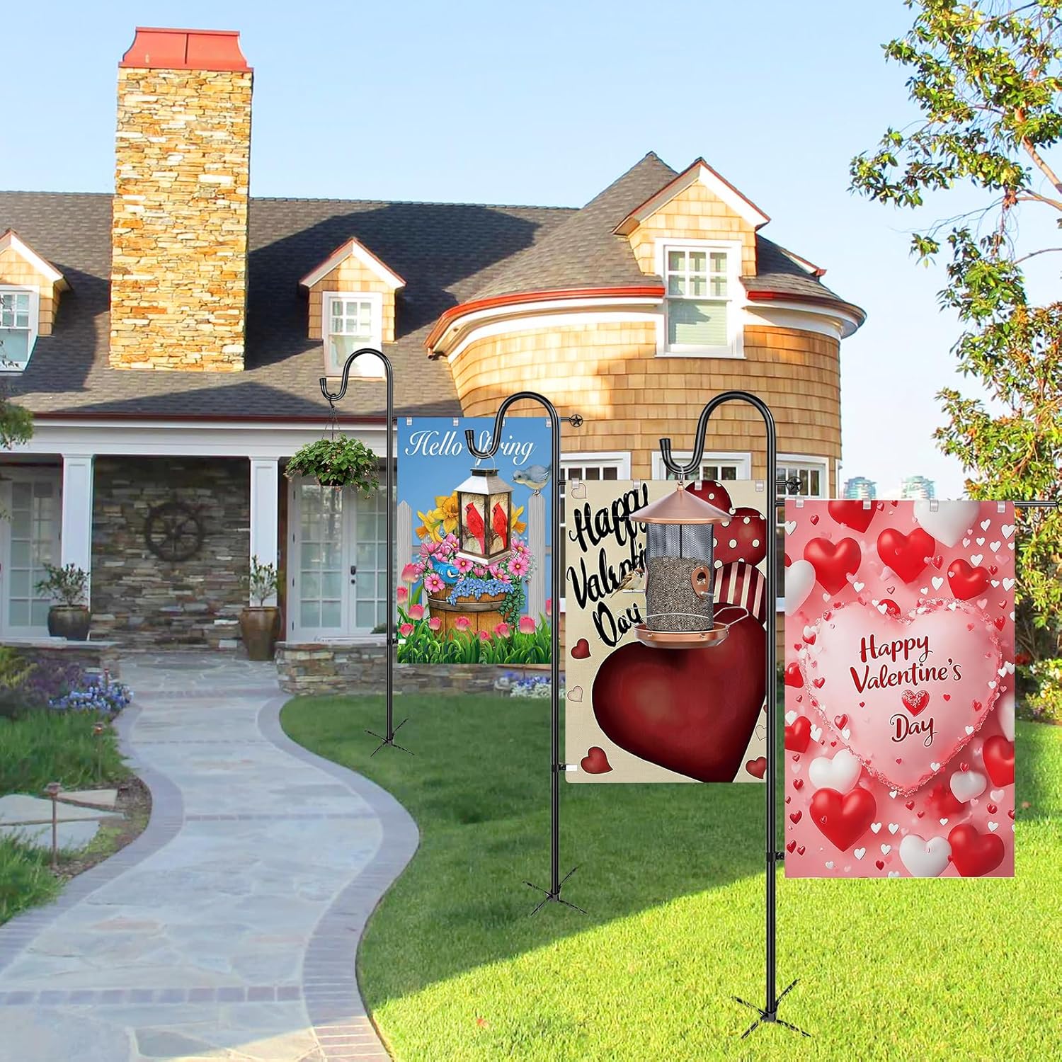 Garden Flag Stand for Outdoor,Heavy Duty Garden Flag Holder for 28x40 Flags, 62 Inches Gaden Flag Pole with Shepherd Hooks for Patio and Yard Decorations