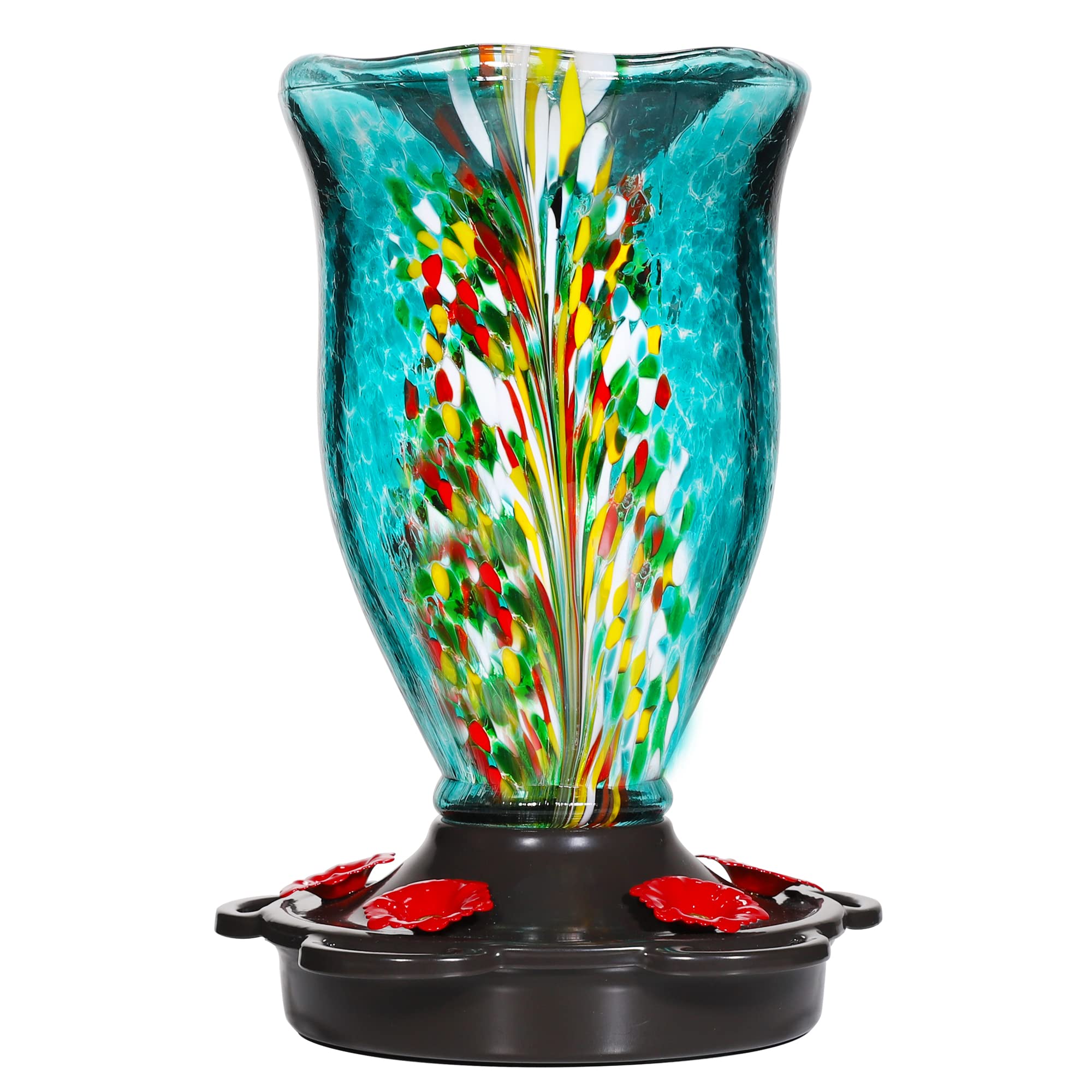 LUJII Hummingbird Feeders for Outdoors with Ant Guard, Blown Glass Hummingbird Feeder for Outside Hanging, 25 fl.oz, Never Leak, Unfading & Anti-Rust, Flower Vase, Garden Backyard Patio Decor, Blue