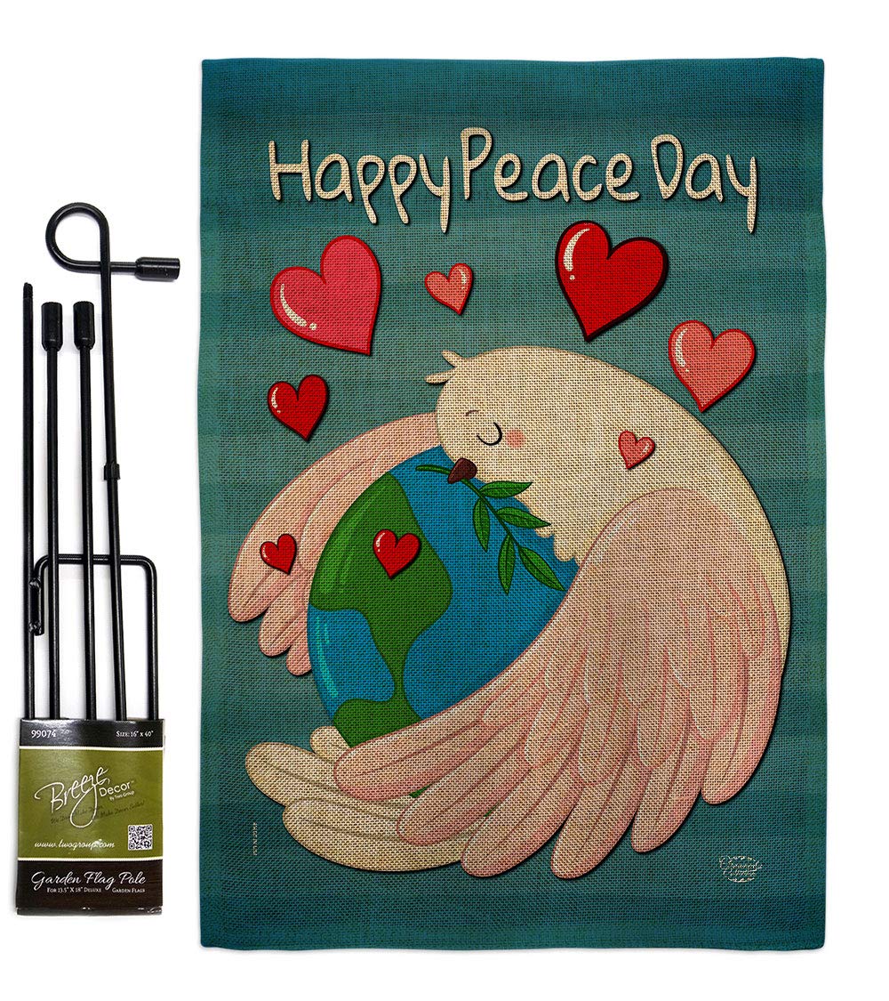 Happy Peace Day Burlap Burlap Garden Flag Set Wall Holder Sweet Life Earth Support Environmental Protection Small Decorative Gift Yard House Banner Double-Sided Made In USA 13 X 18.5