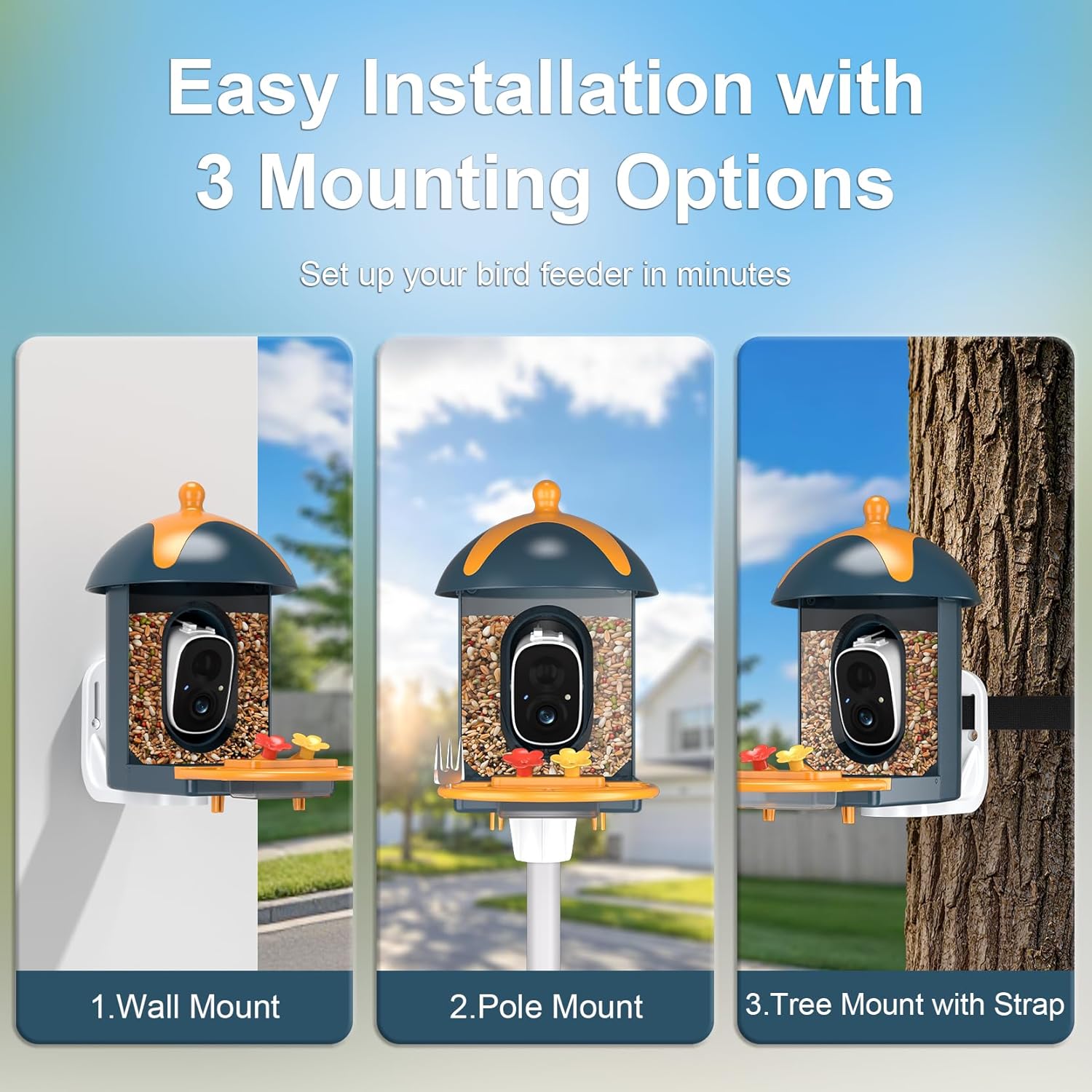 Smart Bird Feeder with Camera Outdoor Birdhouse: AI Identifies 11000+ Species, 2K HD with Arrival Alerts, Attracts Hummingbirds, Dual Squirrel-Proof, Solar Powered, Gifts for Bird Lovers Mom Dad(Blue)