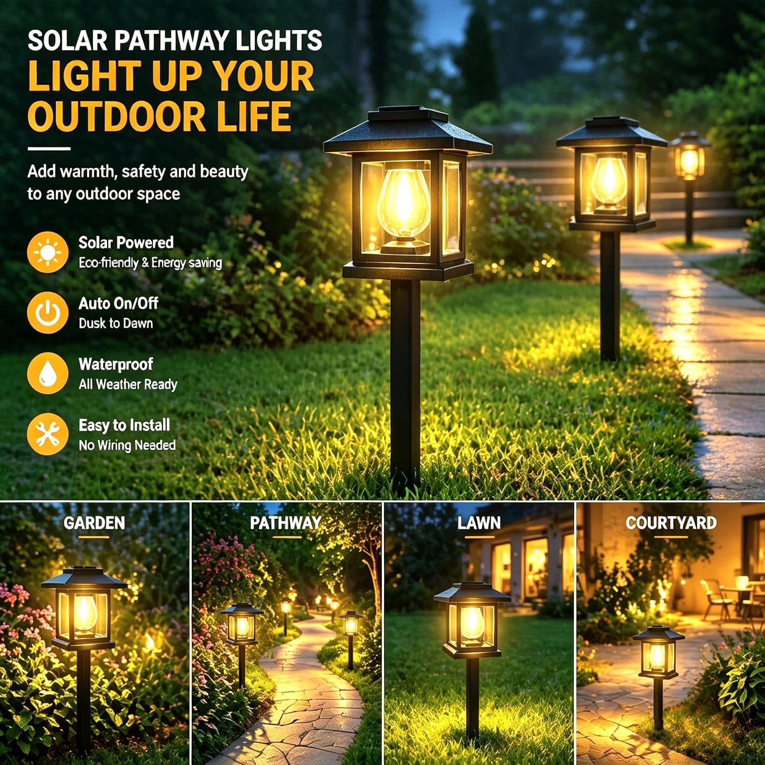 14-Pack Solar Pathway Lights - High-Efficiency Polycrystalline Panels for All-Night Glow - IP65 Waterproof Outdoor Landscape Lighting for Garden, Walkway & Driveway Security (Black)