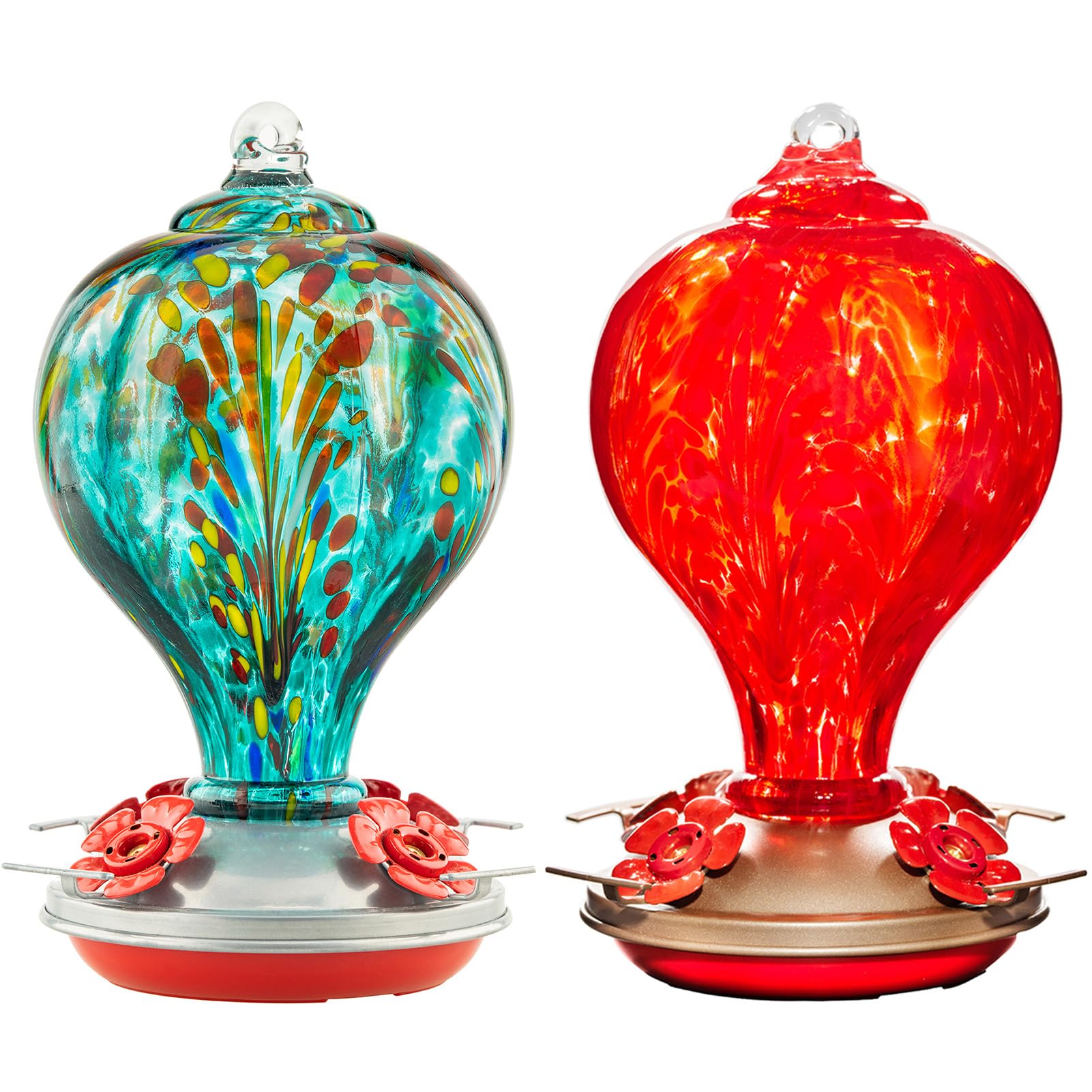 2 Packs Hummingbird Feeder for Outdoors Hanging Ant and Bee Proof, 32OZ & 34OZ, Hand Blown Glass Hummingbird Feeders for Outside, Blue & Teal
