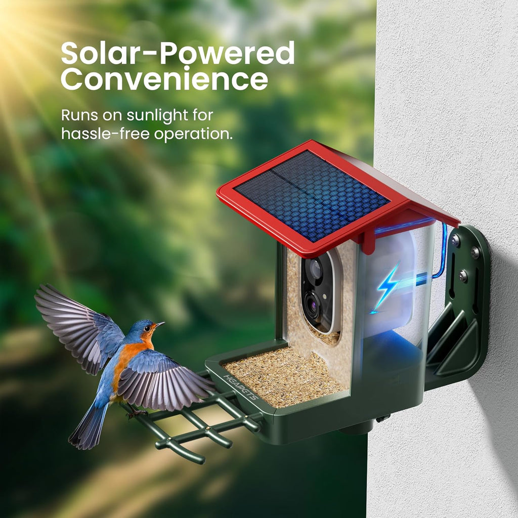 Smart Bird Feeder with Camera Solar Powered, 2K HD Video, AI Bird Species Identification, Instant Arrival Alerts, Weatherproof Design for Effortless Birdwatching, Gift for Fathers Day, Red