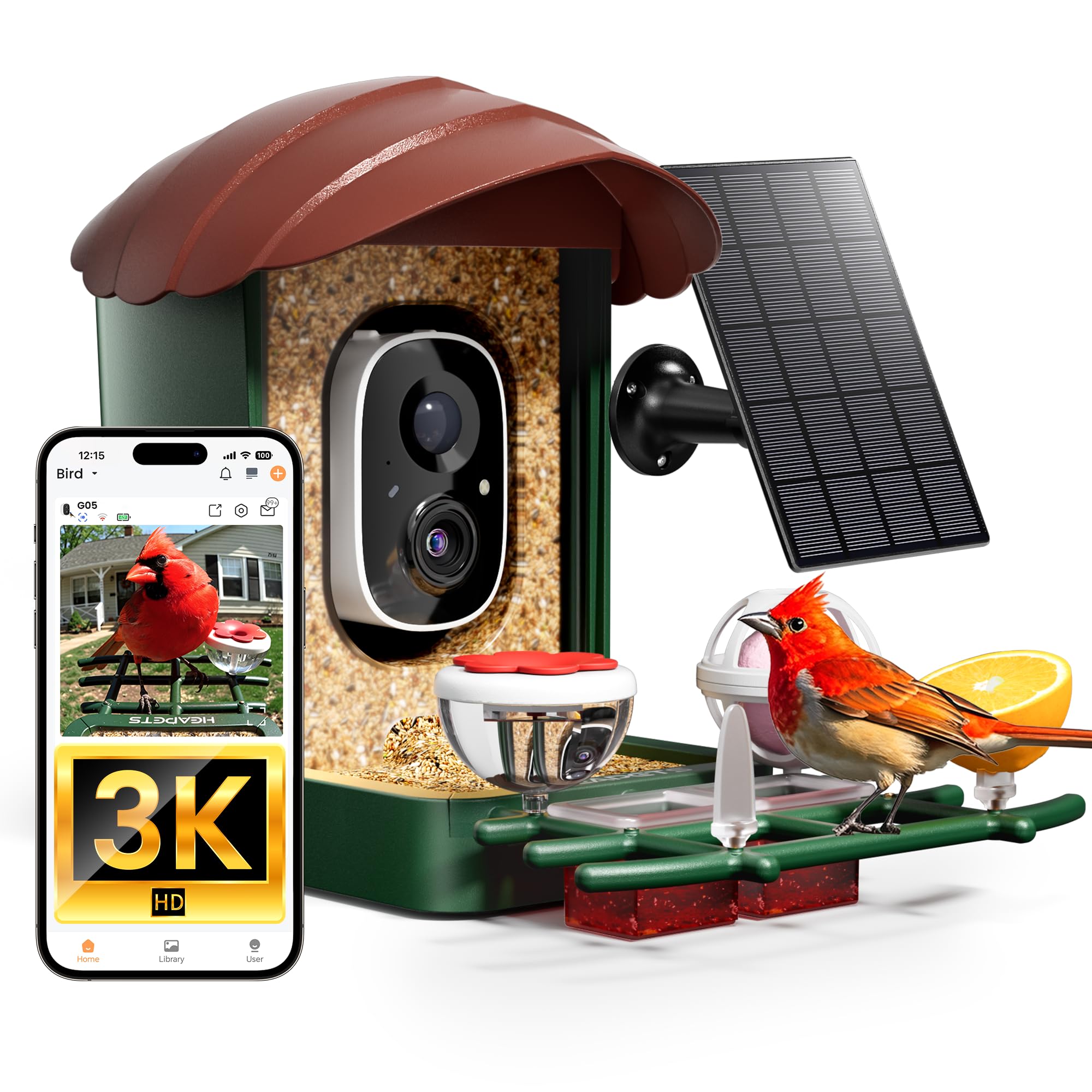 Smart Bird Feeder with Camera Solar Powered, 2K HD Video, AI Bird Species Identification, Instant Arrival Alerts, Weatherproof Design for Effortless Birdwatching, Gift for Fathers Day, Red