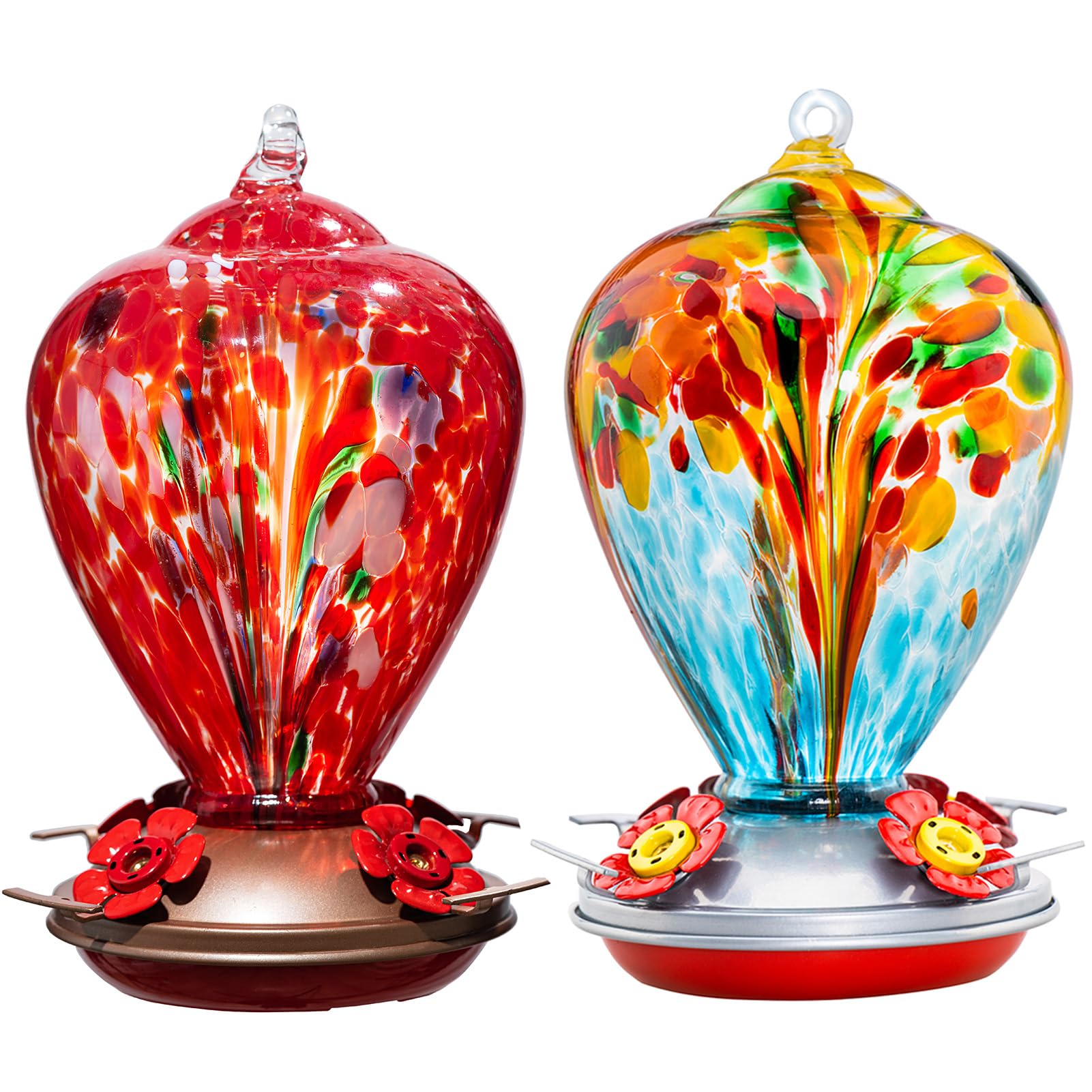 2 Packs Hummingbird Feeder for Outdoors Hanging Ant and Bee Proof, 32OZ & 34OZ, Hand Blown Glass Hummingbird Feeders for Outside, Blue & Teal