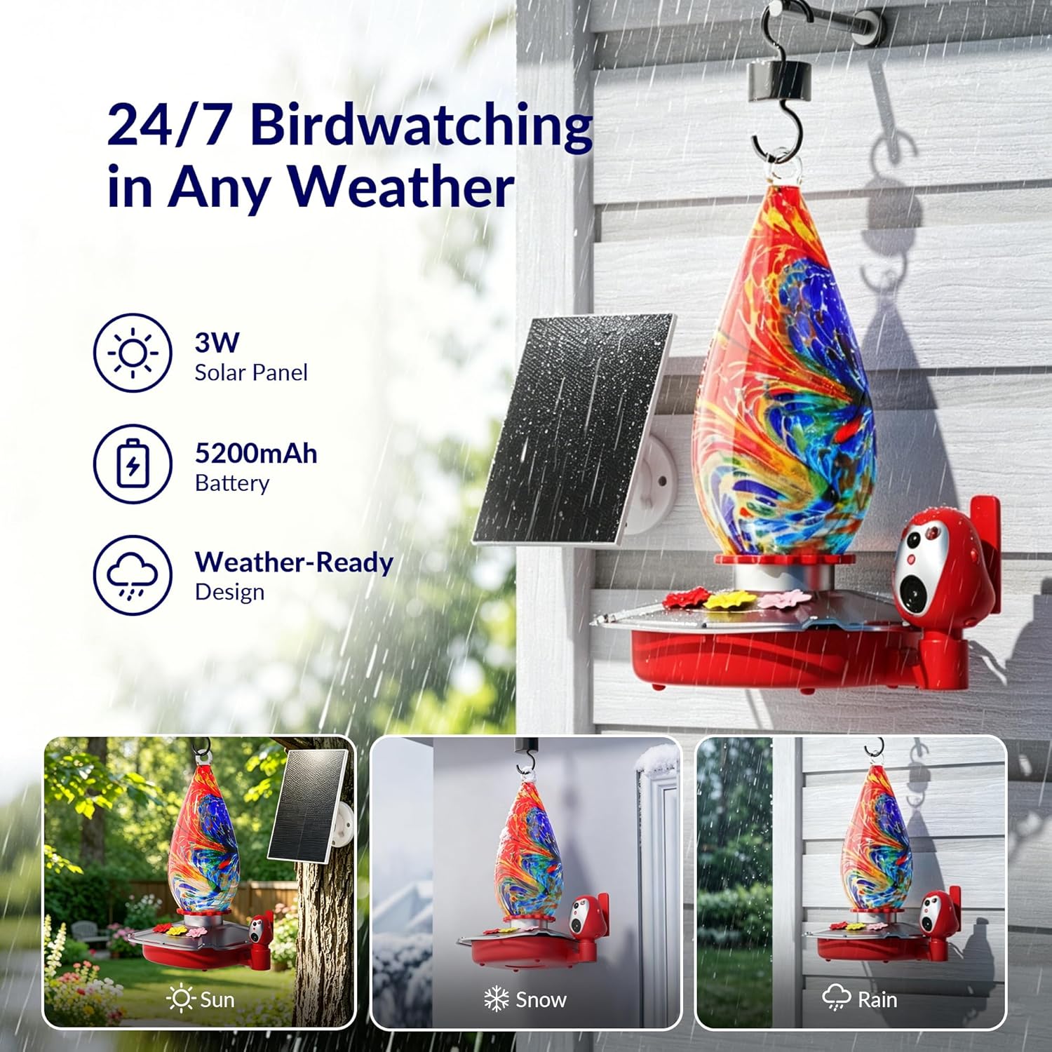 Glass Smart Hummingbird Feeder with Camera - 350+ AI Bird Identification, 2K QHD Video, Solar Powered, Nectar Level & Freshness Alerts, Leakproof Base & Ant Moat, Gift for Bird Lovers