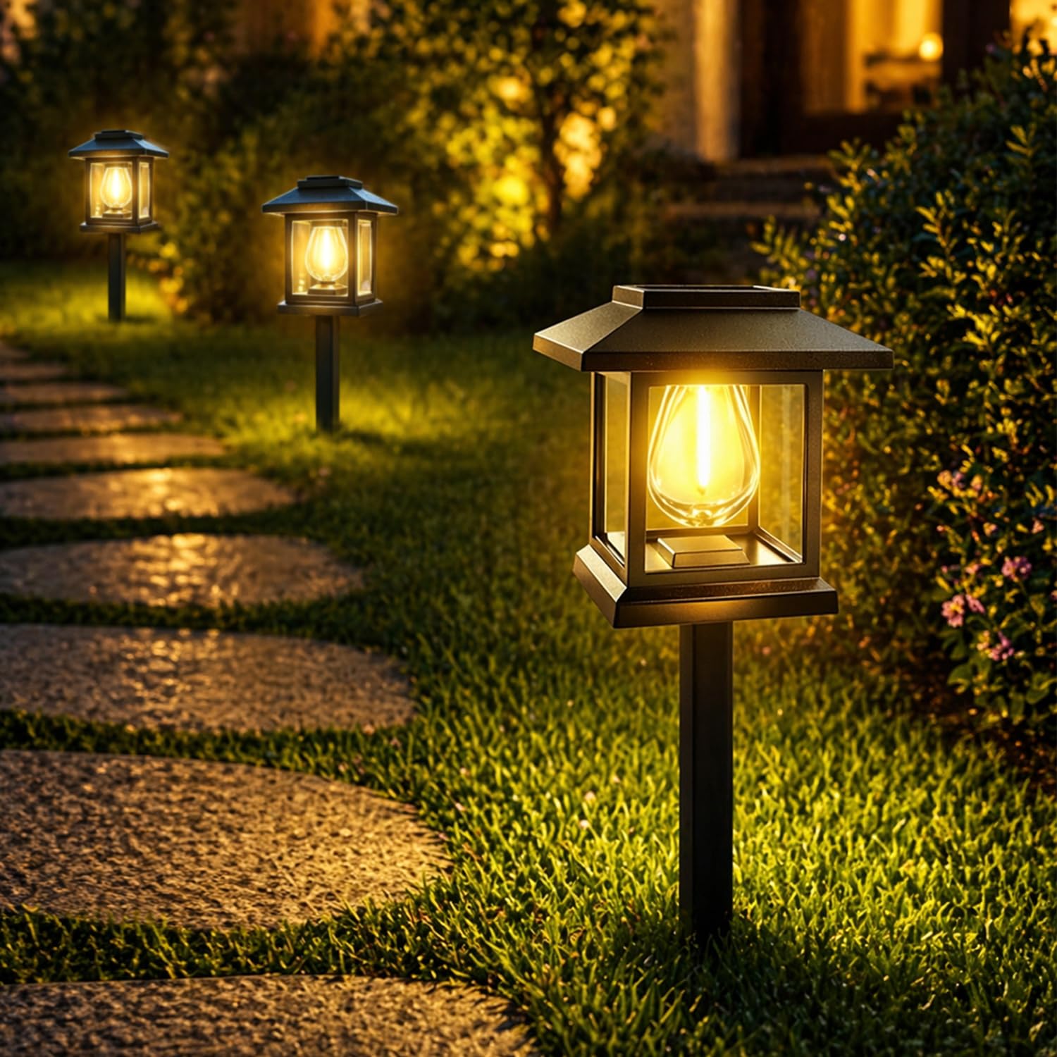 14-Pack Solar Pathway Lights - High-Efficiency Polycrystalline Panels for All-Night Glow - IP65 Waterproof Outdoor Landscape Lighting for Garden, Walkway & Driveway Security (Black)