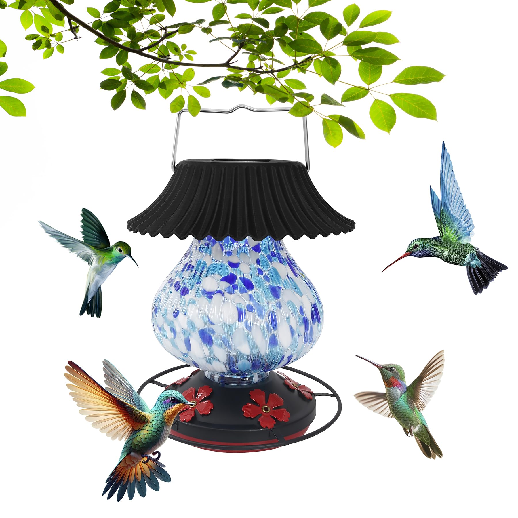 Solar Hummingbird Feeder-5 Feeding Ports with Perch, Hand Blown Glass Red Tree Sea Color Changing-Never Leak, Multicolor Night Lights – Perfect Hummingbird Feeder for Outdoors for Nature Enthusiasts