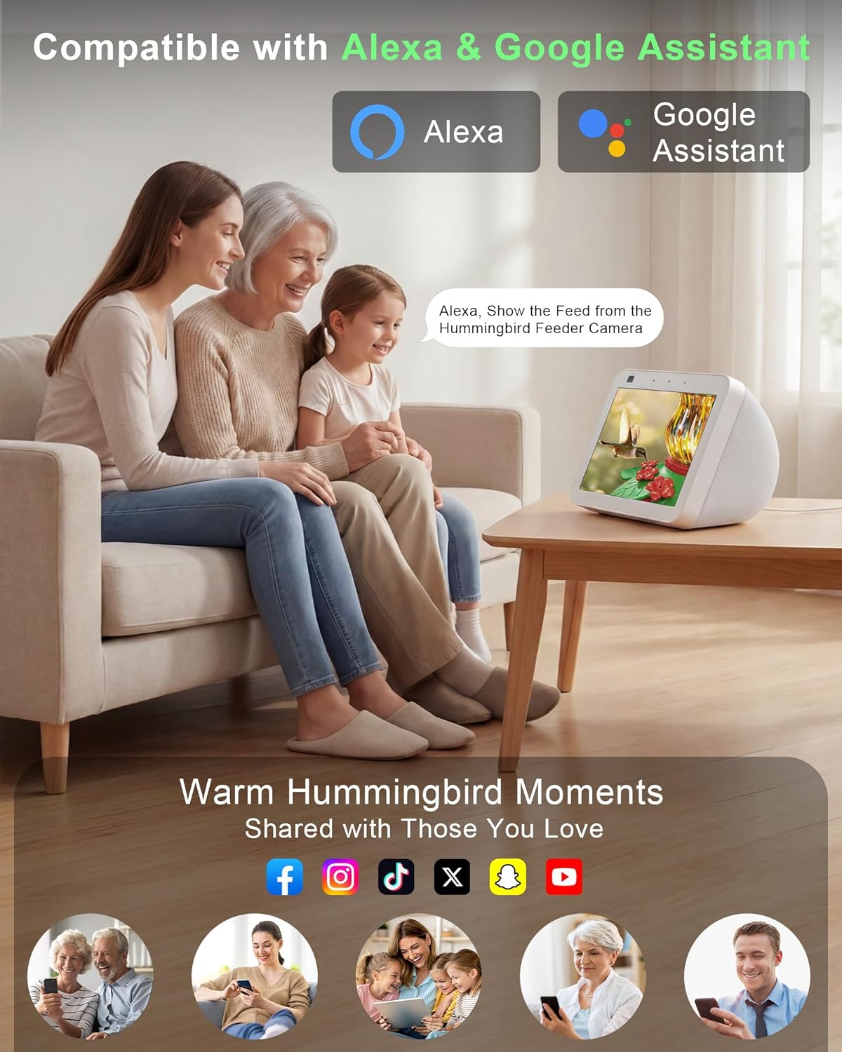 Hummingbird Feeder with Camera – 2.5K 5MP Solar-Powered Glass Bottle Smart Humming Bird Feeder with AI Recognition, Upgraded Leak-Proof & Ant Moat, Instant Alerts, Works with Alexa & Google Assistant