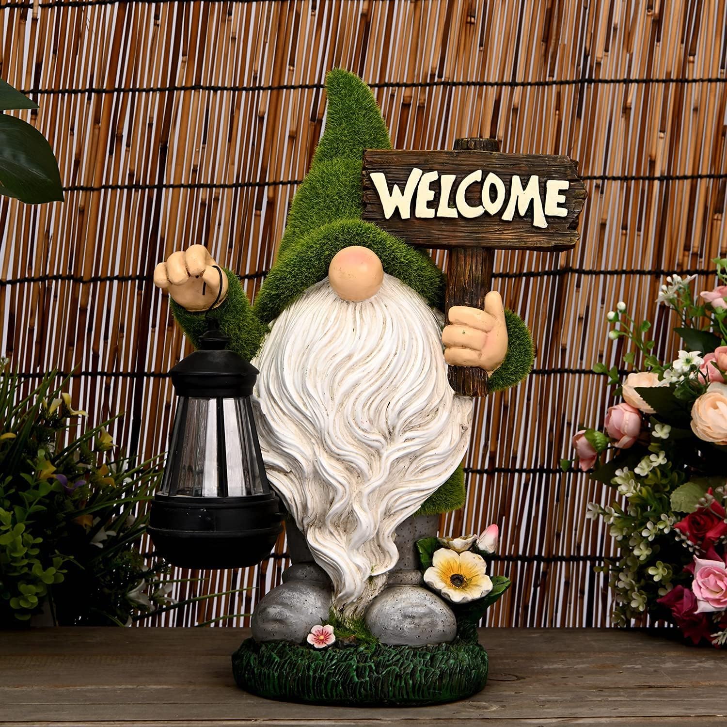 10.8" Solar LED Garden Gnome Statue with Welcome Sign, Outdoor Yard Lawn Decor
