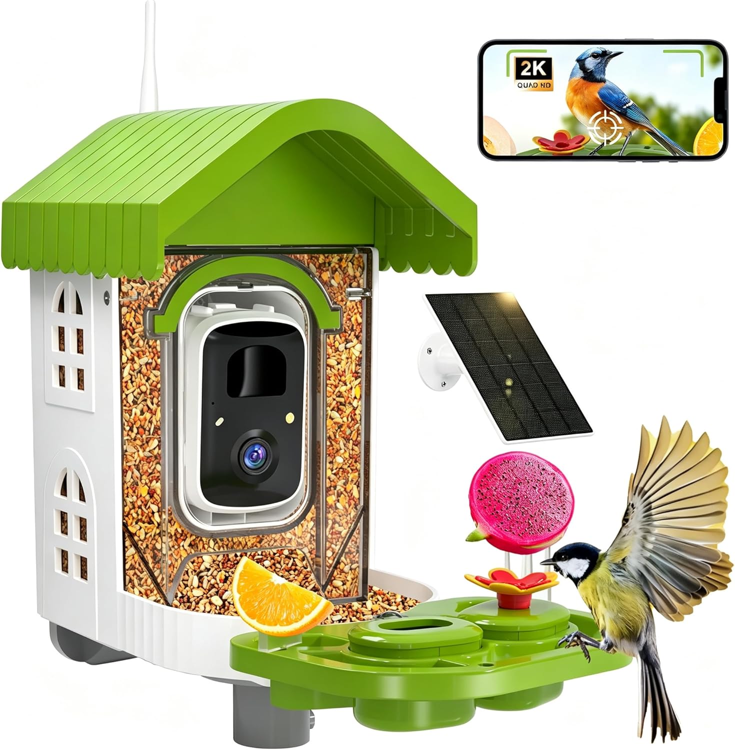 NEEZUKAR Smart Bird Feeder with Camera Solar Powered, AI Identify Birds Species, 2K HD Video, Real-Time Bird Alert, Wireless & Weatherproof Design for Outdoor, Gift for Father's Day(Green)