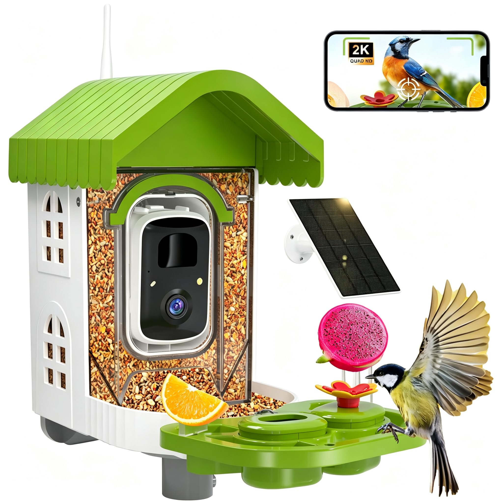 NEEZUKAR Smart Bird Feeder with Camera Solar Powered, AI Identify Birds Species, 2K HD Video, Real-Time Bird Alert, Wireless & Weatherproof Design for Outdoor, Gift for Father's Day(Green)