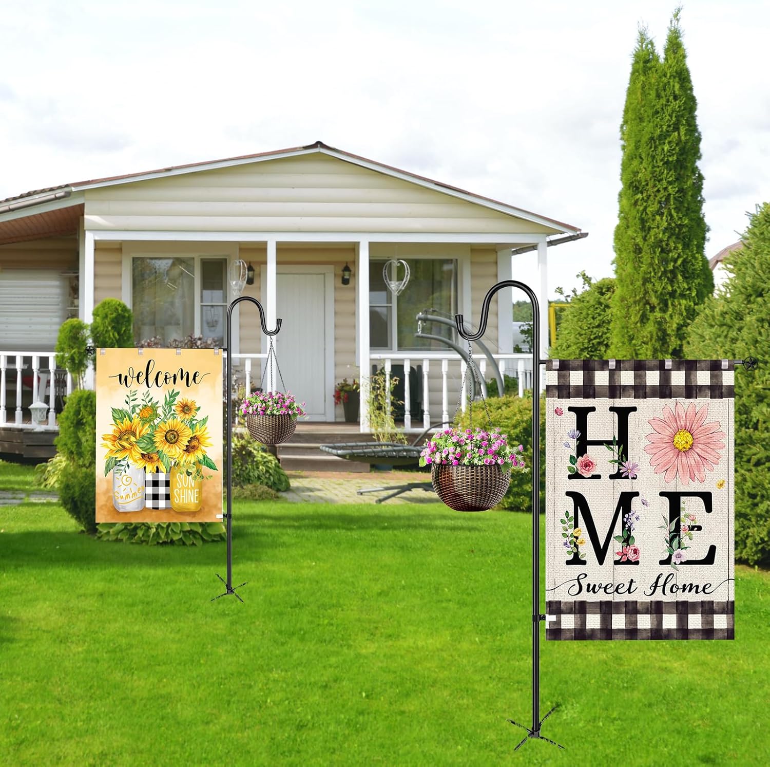 Garden Flag Stand for Outdoor,Heavy Duty Garden Flag Holder for 28x40 Flags, 62 Inches Gaden Flag Pole with Shepherd Hooks for Patio and Yard Decorations
