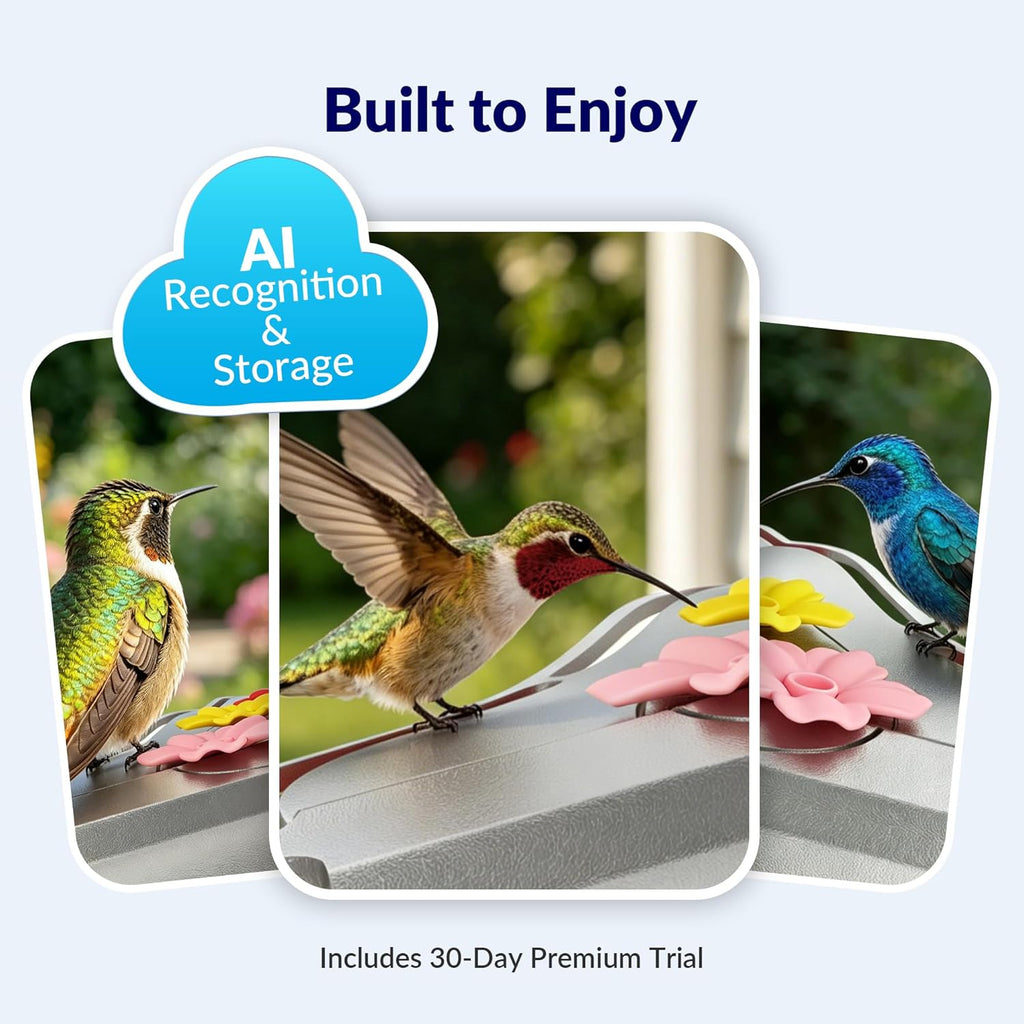 Glass Smart Hummingbird Feeder with Camera - 350+ AI Bird Identification, 2K QHD Video, Solar Powered, Nectar Level & Freshness Alerts, Leakproof Base & Ant Moat, Gift for Bird Lovers