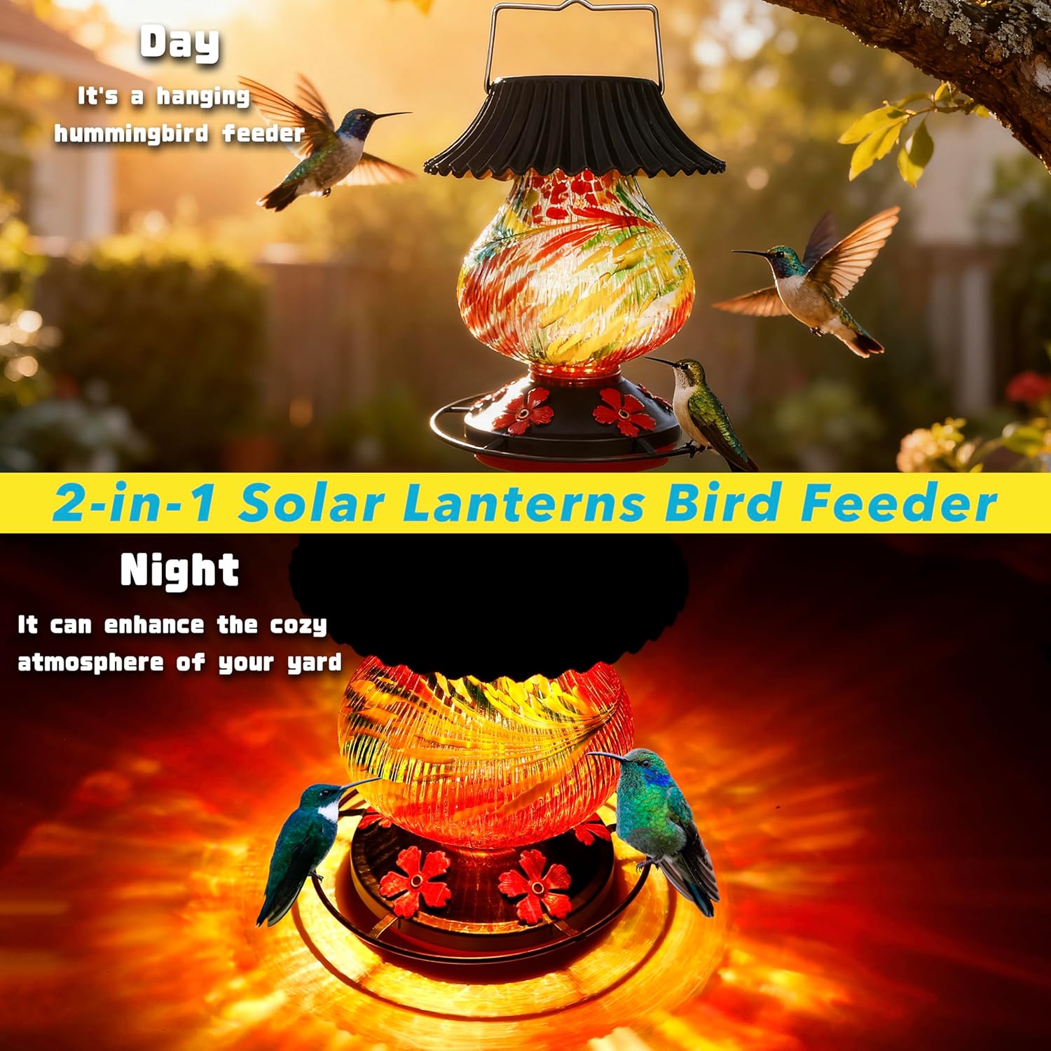 Solar Hummingbird Feeder-5 Feeding Ports with Perch, Hand Blown Glass Red Tree Sea Color Changing-Never Leak, Multicolor Night Lights – Perfect Hummingbird Feeder for Outdoors for Nature Enthusiasts