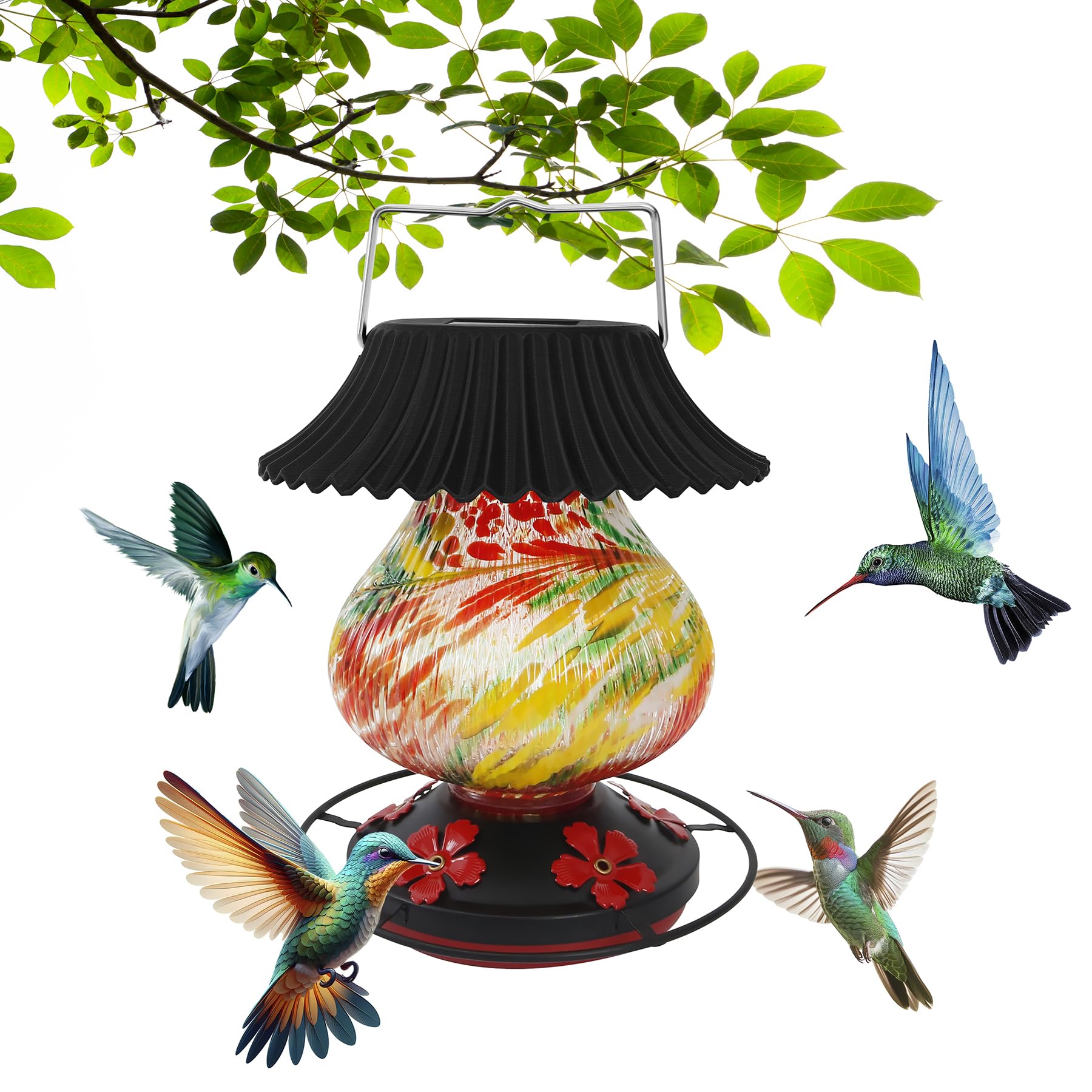 Solar Hummingbird Feeder-5 Feeding Ports with Perch, Hand Blown Glass Red Tree Sea Color Changing-Never Leak, Multicolor Night Lights – Perfect Hummingbird Feeder for Outdoors for Nature Enthusiasts