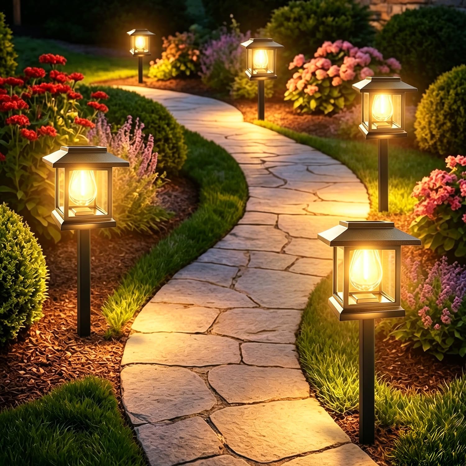 14-Pack Solar Pathway Lights - High-Efficiency Polycrystalline Panels for All-Night Glow - IP65 Waterproof Outdoor Landscape Lighting for Garden, Walkway & Driveway Security (Black)