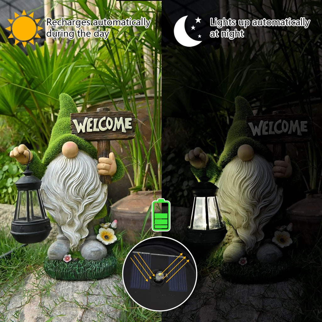 10.8" Solar LED Garden Gnome Statue with Welcome Sign, Outdoor Yard Lawn Decor